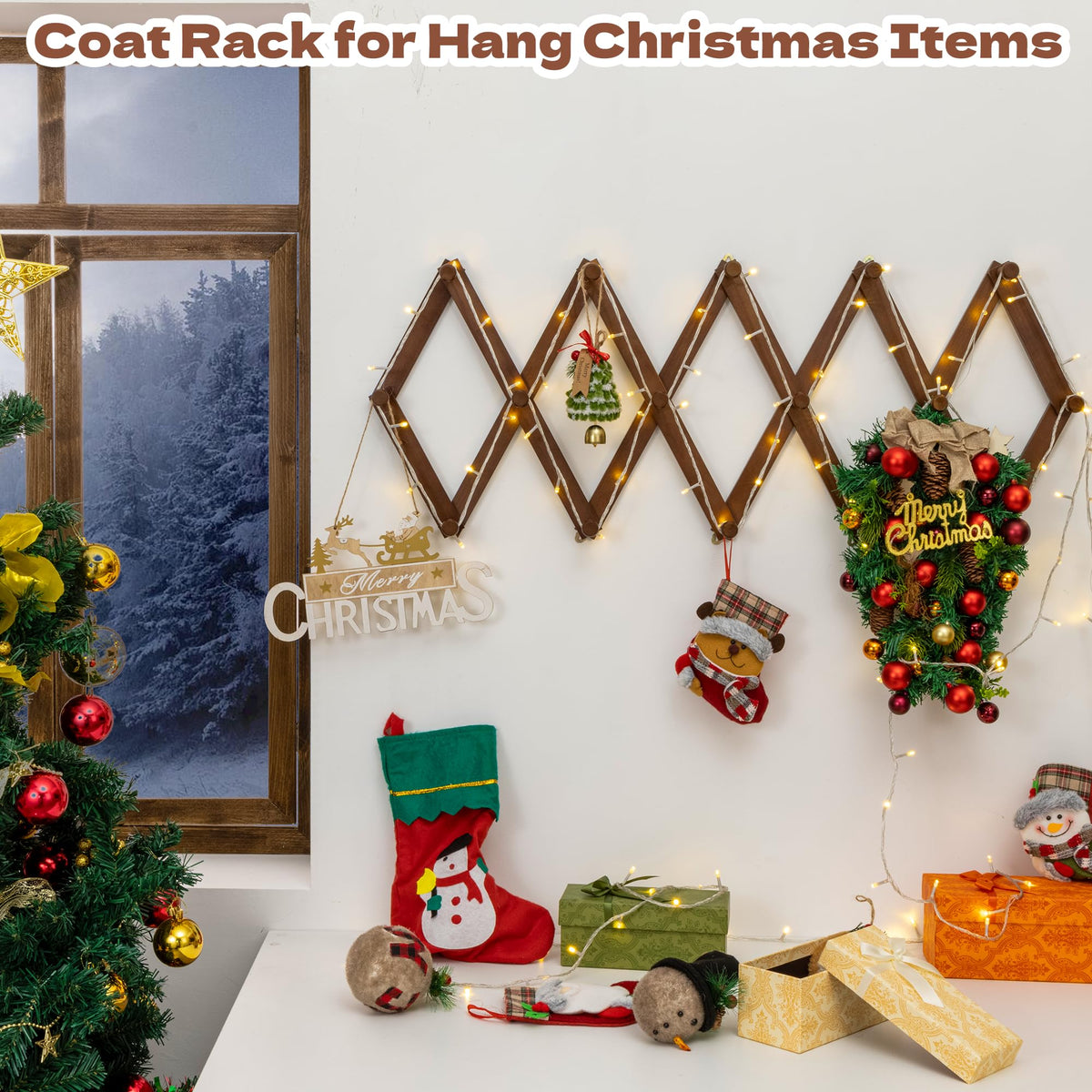 Cozcty Accordion Wall Hanger, Wooden Hat Rack for Wall with 16 Hooks, Expandable Peg Hat Hanger Organizer, Decorative Coat Rack Hanging Baseball Caps, Bags, Scarves (Walnut)