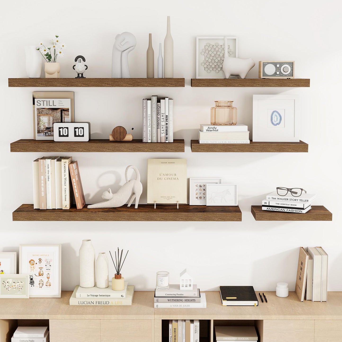 Acovy 24 Inch Floating Shelves, 3D Textured 24"x9.25"x1.5" Inch Deep Floating Shelves for Wall, Wooden Shelves for Bathroom, Bedroom, Living Room, Brown, 2 Pieces