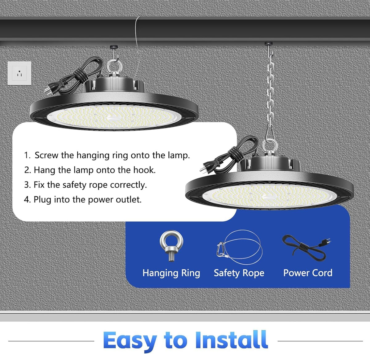 Gugsey Led High Bay Lights 200W - 28000lm 5000K Super Bright Waterproof Led Shop Lights with Plug 5' Cable and Hook Ring, Garage Light for Factory Gym Warehouse Workshop(4 Pack)
