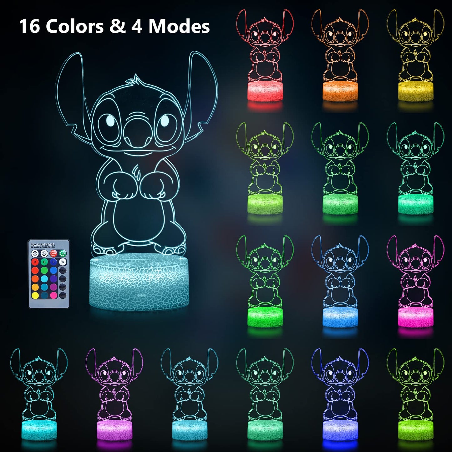 Hoofun Stitch Lamp: 3D Illusion Night Light with Touch & Remote Control, 16 Colours Anime Desk Lamp, Gifts for Girls, Kids Room Decor, Stitch Merch Stuff for Birthday Christmas Holidays