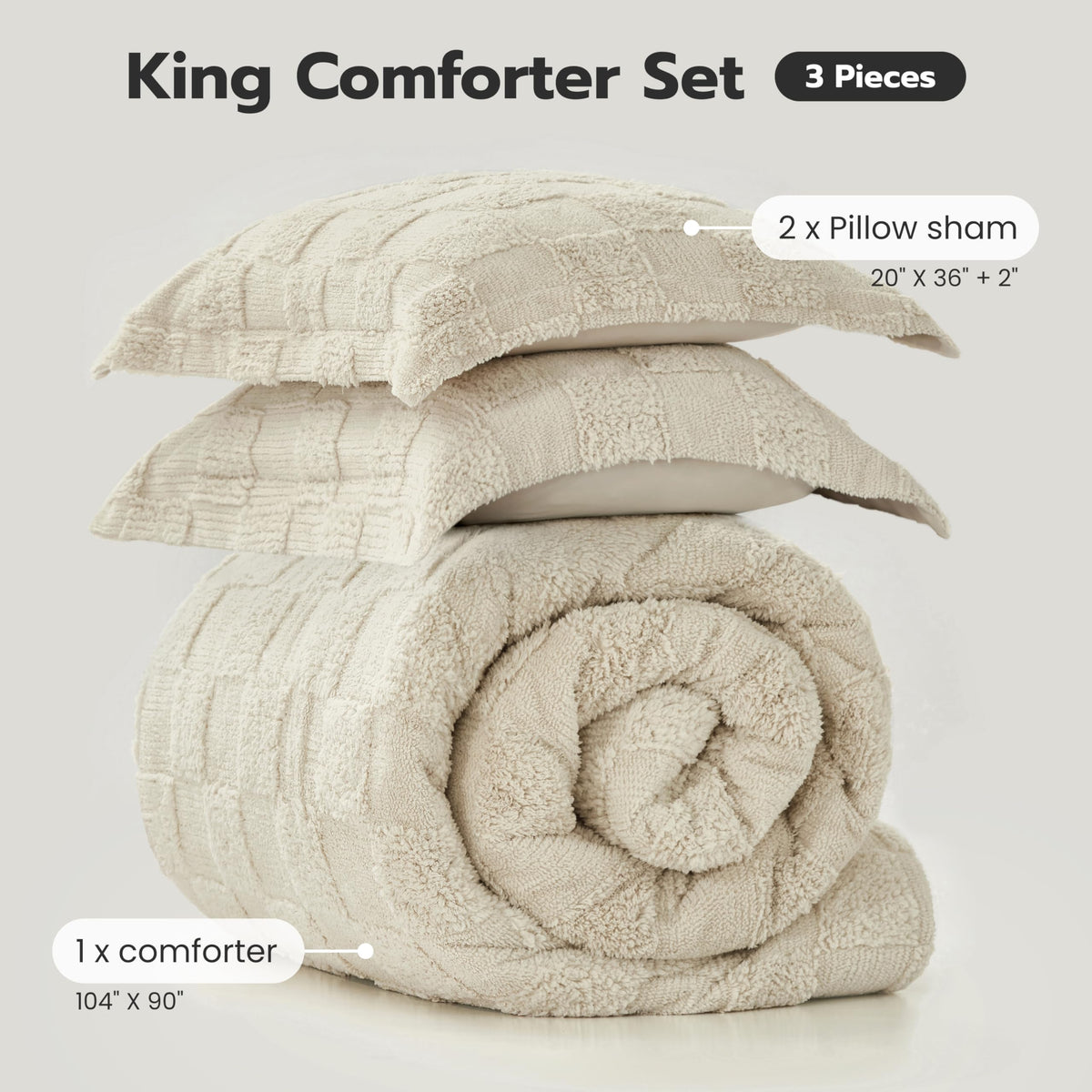 Joiedomi King Size Comforter Set, 3 Pieces Beige Boho King Bedding Set with 1 Plaid Geometric Comforter and 2 Pillow Shams, Checkered Bed in a Bag for All Seasons