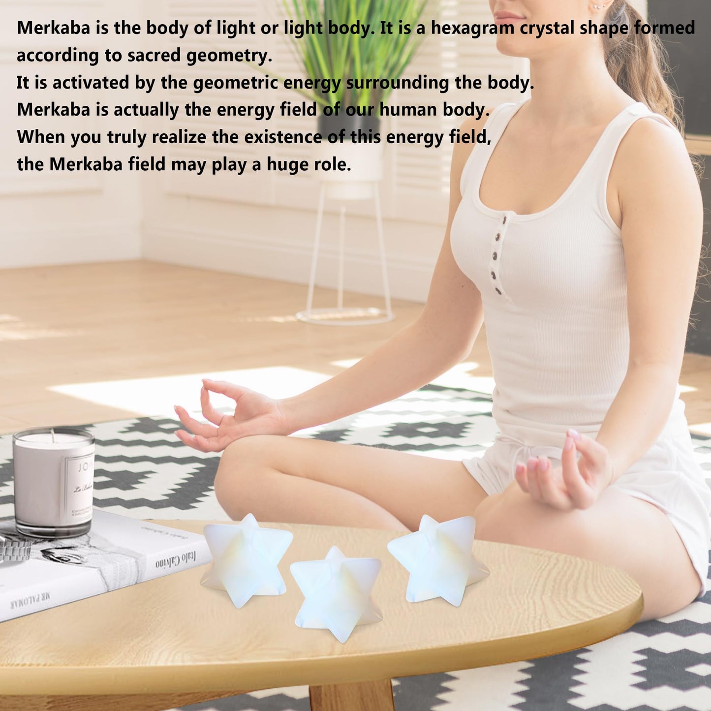 QINJIEJIE Opal Merkaba Crystal Opalite Crystals 1" Natural Healing Sacred Energy Generator Stones, Reiki Dodecahedron Crystal Protection Cleansing Spiritual Gifts, 3D Yellow Star Merkaba Crystal