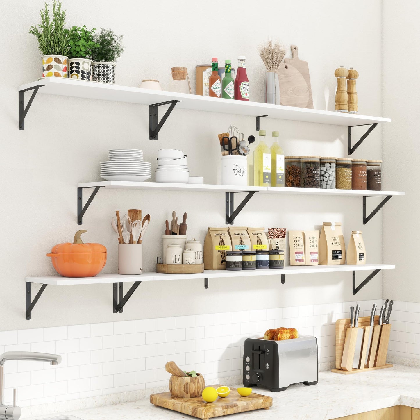 Acovy Floating Shelves for Wall Decor,24" Wx8 D Wall Mount Floating Bookshelf Set of 2,Hanging Storage Shelf with Sturdy Metal Brackets,Wooden Shelf for Living Room,Bedroom,Bathroom,White