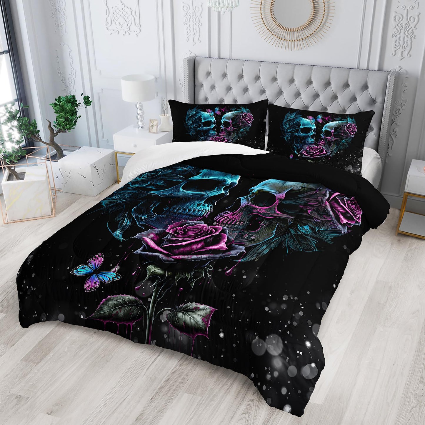 Tuzaovy Skull Bedding Set Queen Size,Goth Bedding Sets Queen with Comforter,Skull Comforter Set,Rose Comforter Halloween Skull Bed Comforter,Blue Comforter Black Bedding Skull Quilt