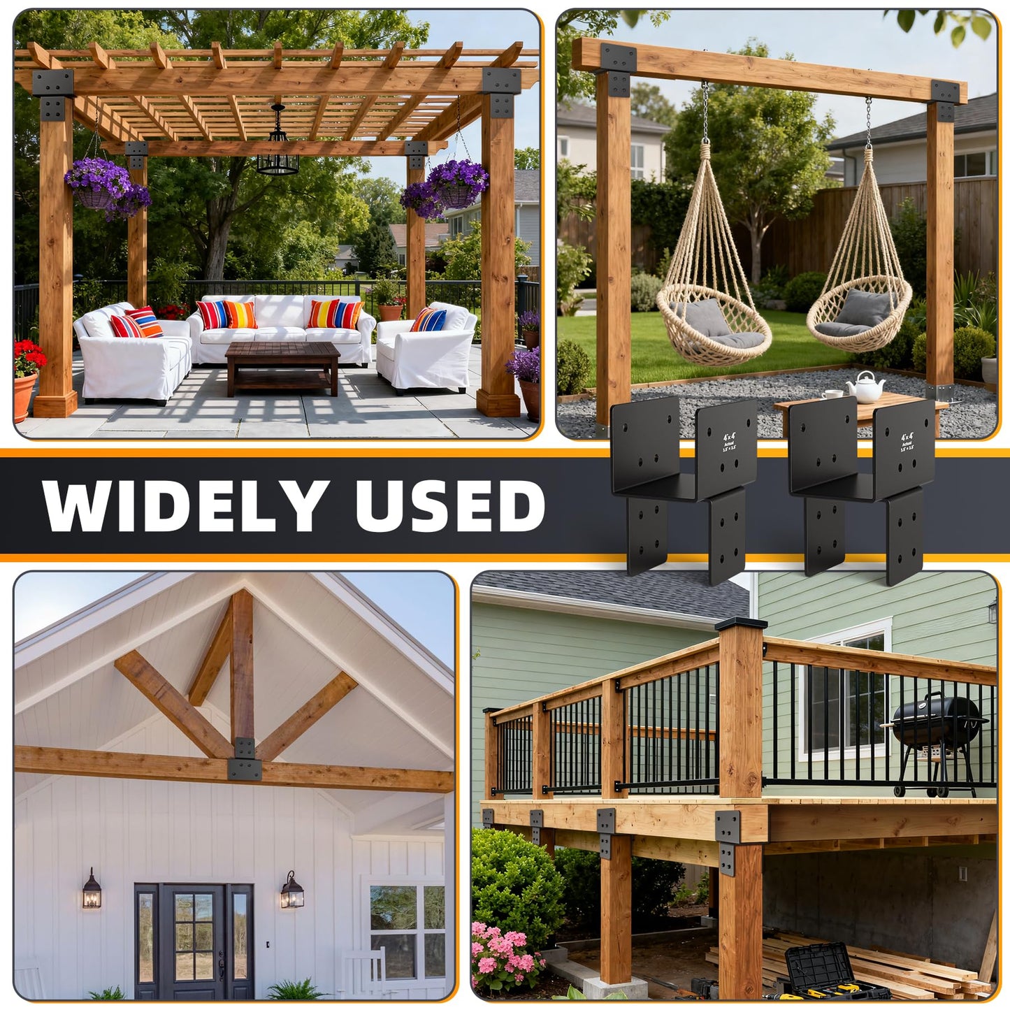 Wuno Shop 2 Pack 4x4(Actual 3.5"x3.5") Post Caps Tie Bracket, Stainless Steel Post to Beam Connectors for Wood, Heavy Duty Post Anchor Connector for Pergolas, Gazebos, Decks Porches-Black