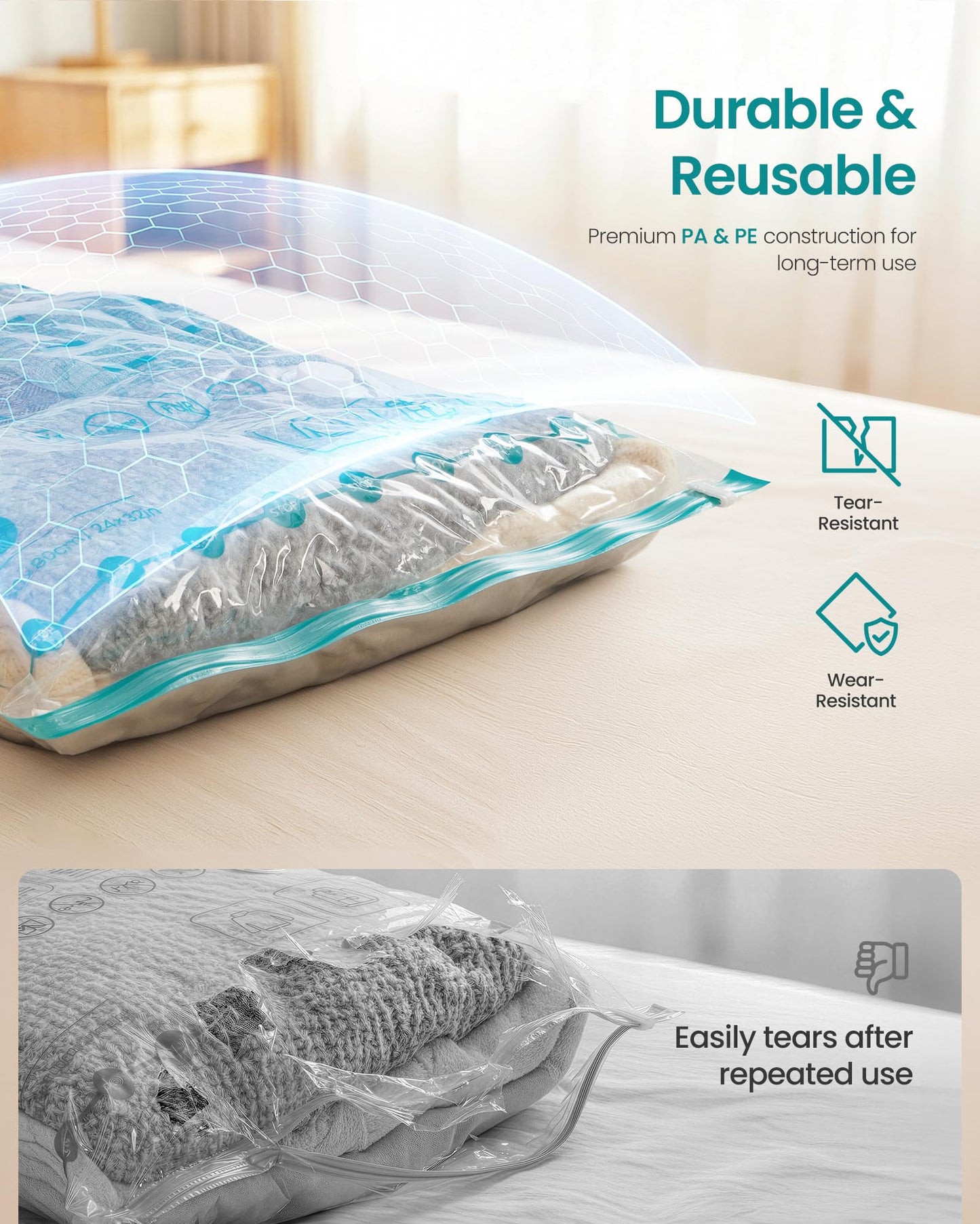 SONGMICS Vacuum Storage Bags, Rechargeable Portable Electric Pump, Space Saver Vacuum Seal Suction Bags for Clothing Travel Bedding, Reusable, 9 Pack, 3S/3M/3L, Transparent ULVB201W101