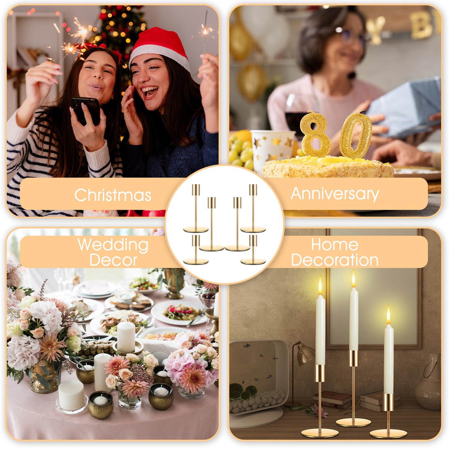 6 Pcs Gold Taper Candle Holders Set, Metal Candlestick Holder for Dining Table Centerpiece, Wedding, Mantel Decor, and Housewarming Gift