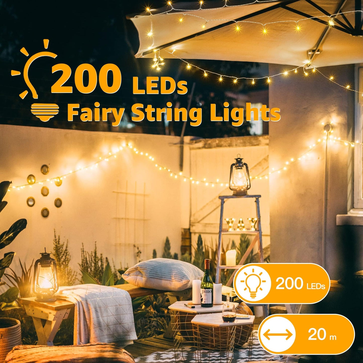 Ollny 20m 200 LED Fairy Lights Mains Powered, Outdoor Waterproof String Light with Remote/Plug/Modes/Timer, Bright Warm White Lighting Outside Indoor Garden Tree Party Wedding Decorations