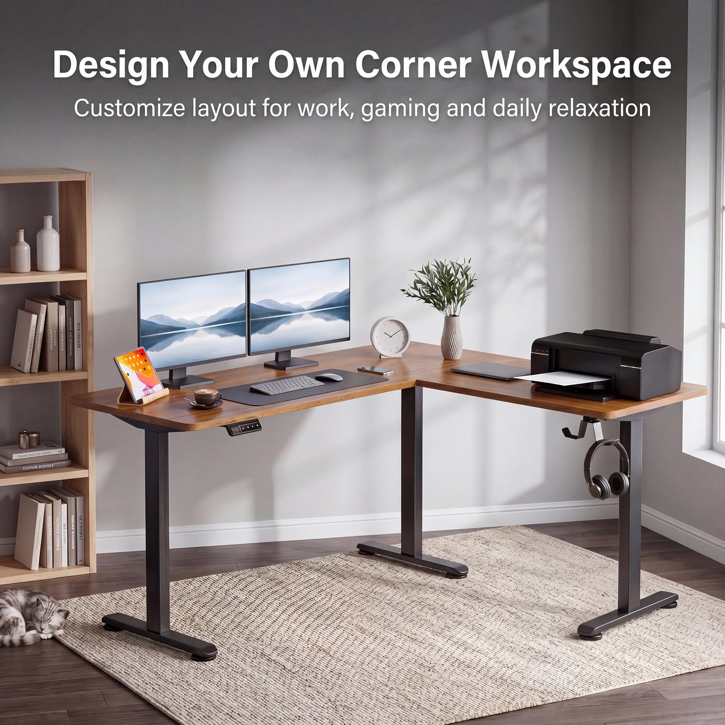 Himimi 63"ร55" L Shaped Standing Desk, Height Adjustable Corner Stand Up Desk with Mouse Pad, Sit Stand Corner Desk with Memory Controller for Home Office (Brown)