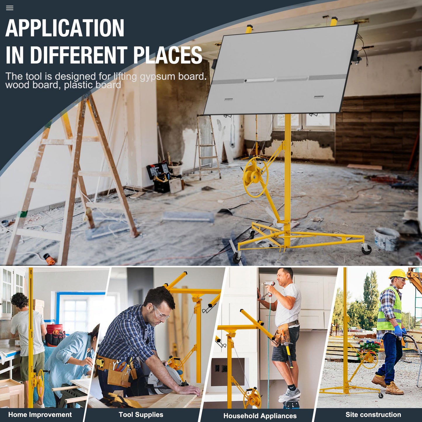 16FT Drywall Lifter Sheetrock Lift, 150 Lbs Capacity Heavy Duty Drywall Lift Panel with 3 Lockable Wheels & 360° Adjustable Telescopic Arm, Drywall Jack Lift for Home Improvement, Yellow
