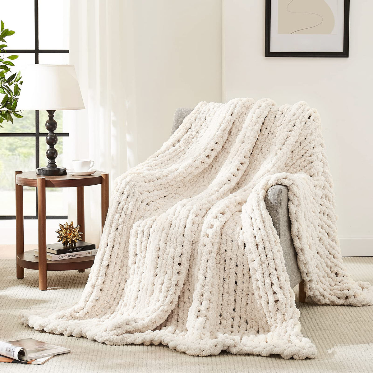L'AGRATY Chunky Knit Blanket Throw,Soft Chenille Yarn Throw Blanket 50x60,Handmade Cable Knit Crochet Blanket,Large Knit Blankets Chunky Yarn,Rope Knot Throw Blanket for Couch Sofa Bed Home Decor
