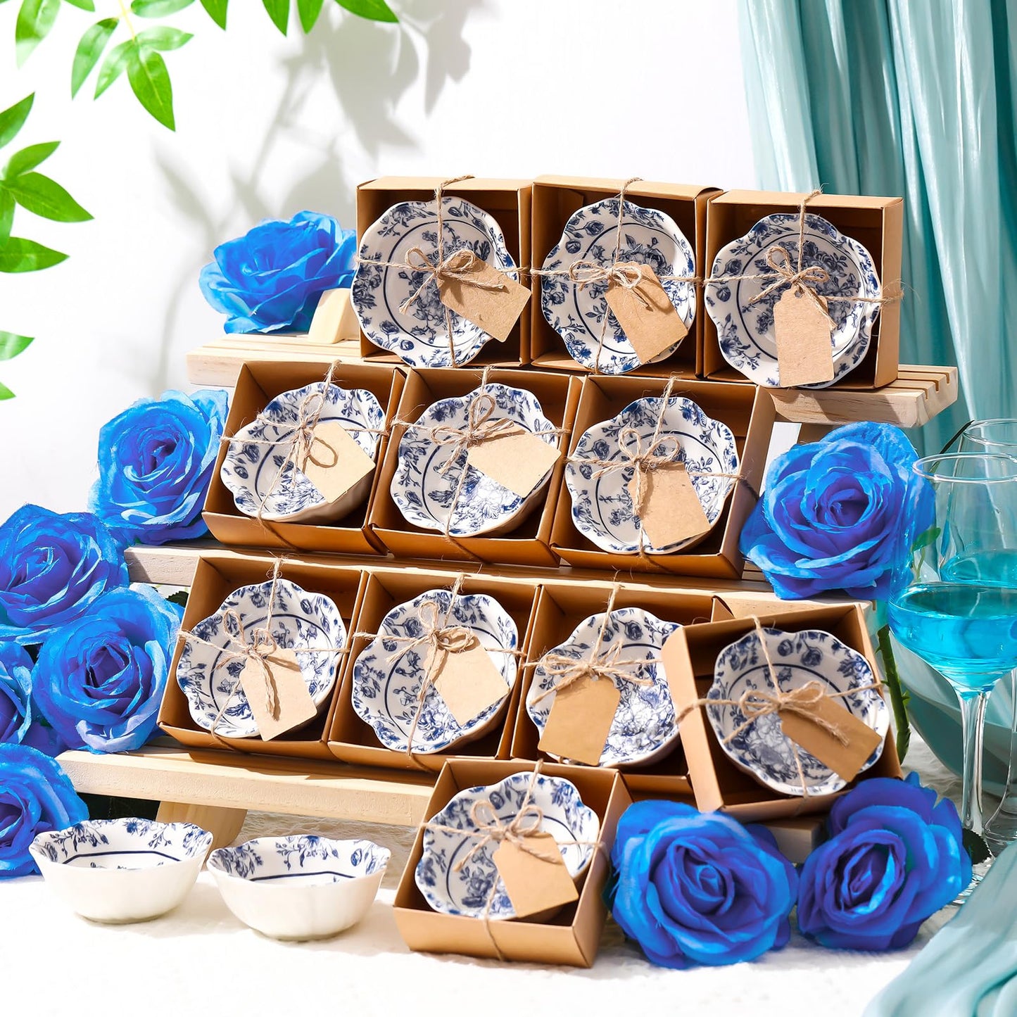 SiliFine 12 Pcs Wedding Favors for Guests Small Ceramic Bowl Bulk Gifts Set 3.3 Inch Floral Design Mini Dipping Sauce Dish with Card Box for Bridal Pooja Baby Shower Birthday (Flower,Blue)