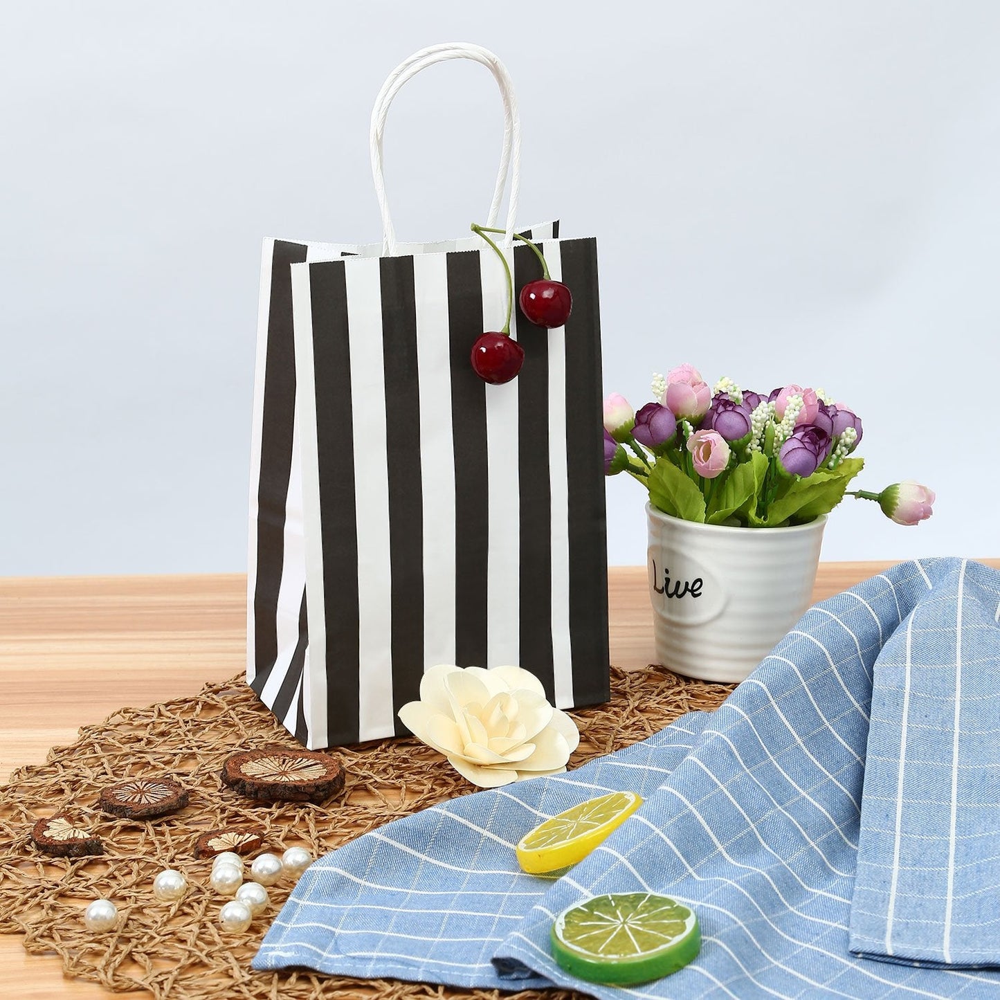 Ronvir 50Pcs Small Gift Bags, 5.25x3.25x8 Inches Black & White Striped Recycled Kraft Paper Bag with Handles Bulk for Christmas, Party Favors, Shopping, Goodie, Birthday, Retail, Halloween,Business,Gift Wrapping