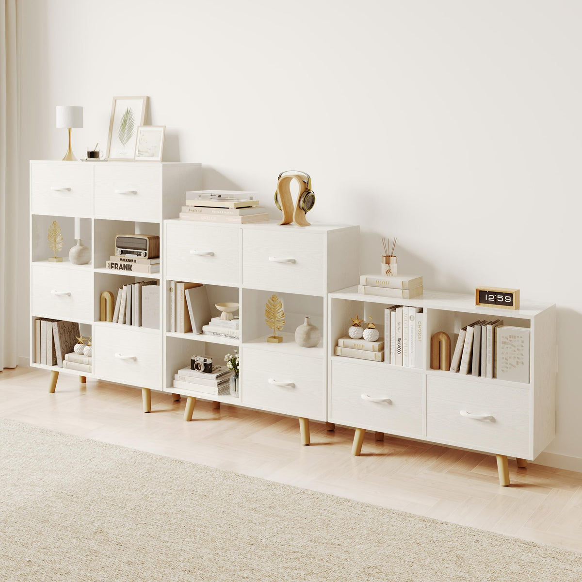 ELYUP Bookcase with Fabric Storage Bins - 4 Cube Organizer Display Bookshelf for Home Office, White
