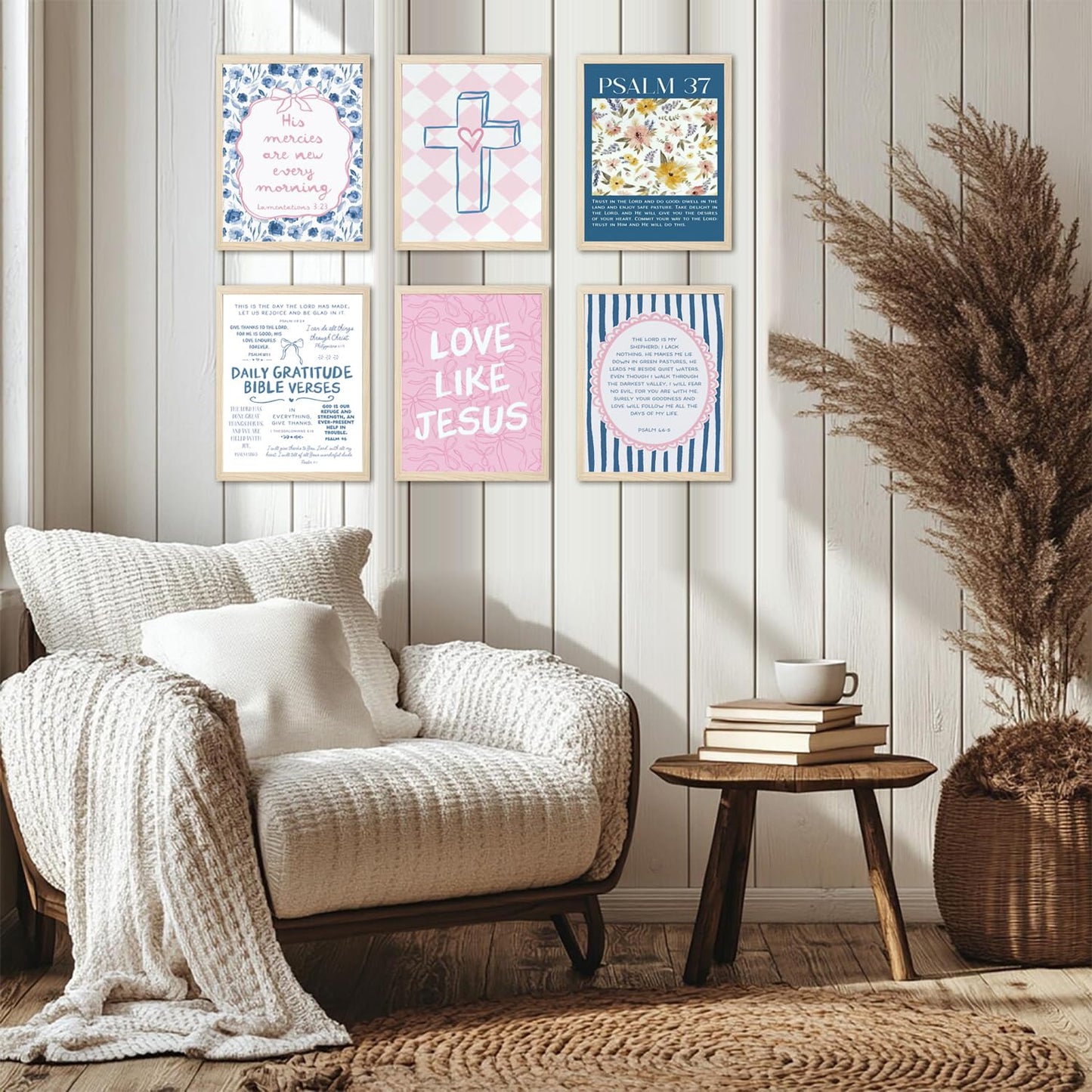 Pink Blue Christian Wall Art Set of 6, Preppy Bow Bible Verse Canvas Posters, Floral Scripture Wall Decor Pictures Jesus Religious Painting Trendy Prints for Girls Bedroom Dorm 8x10in Unframed