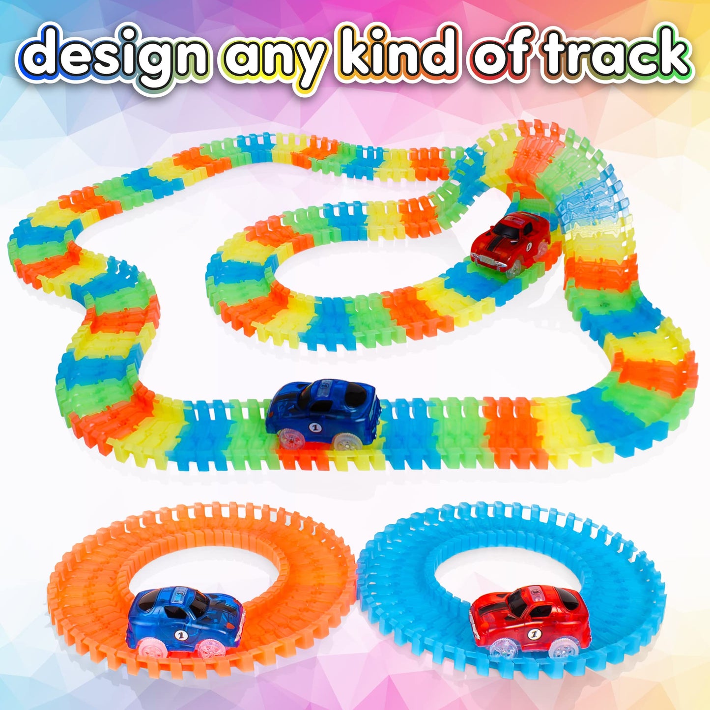 Create-A-Track Car Track Set - Race Track Toy With 220 Track Pieces & 2 Light Up Cars - Glow Tracks Racing Set For Boys or Girls