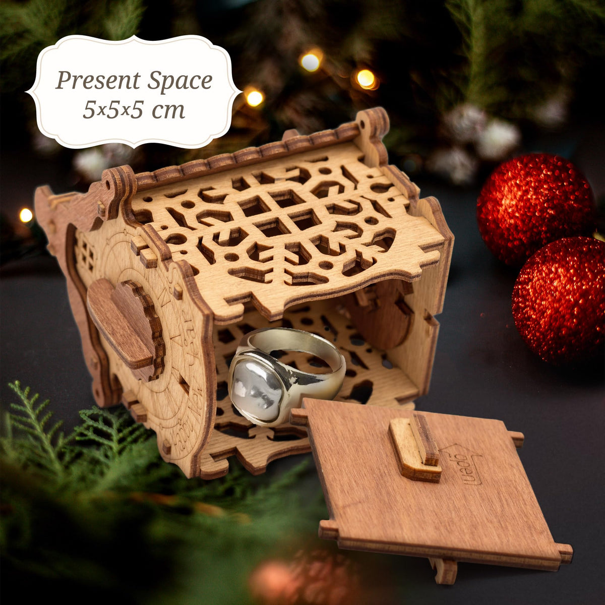 iDventure Happy New Year Treasure Box - Wooden 3D Puzzle with a Secret - Christmas Decoration Tree Toy - Cryptex - Gift Money Box for Cash - Escape Room Game
