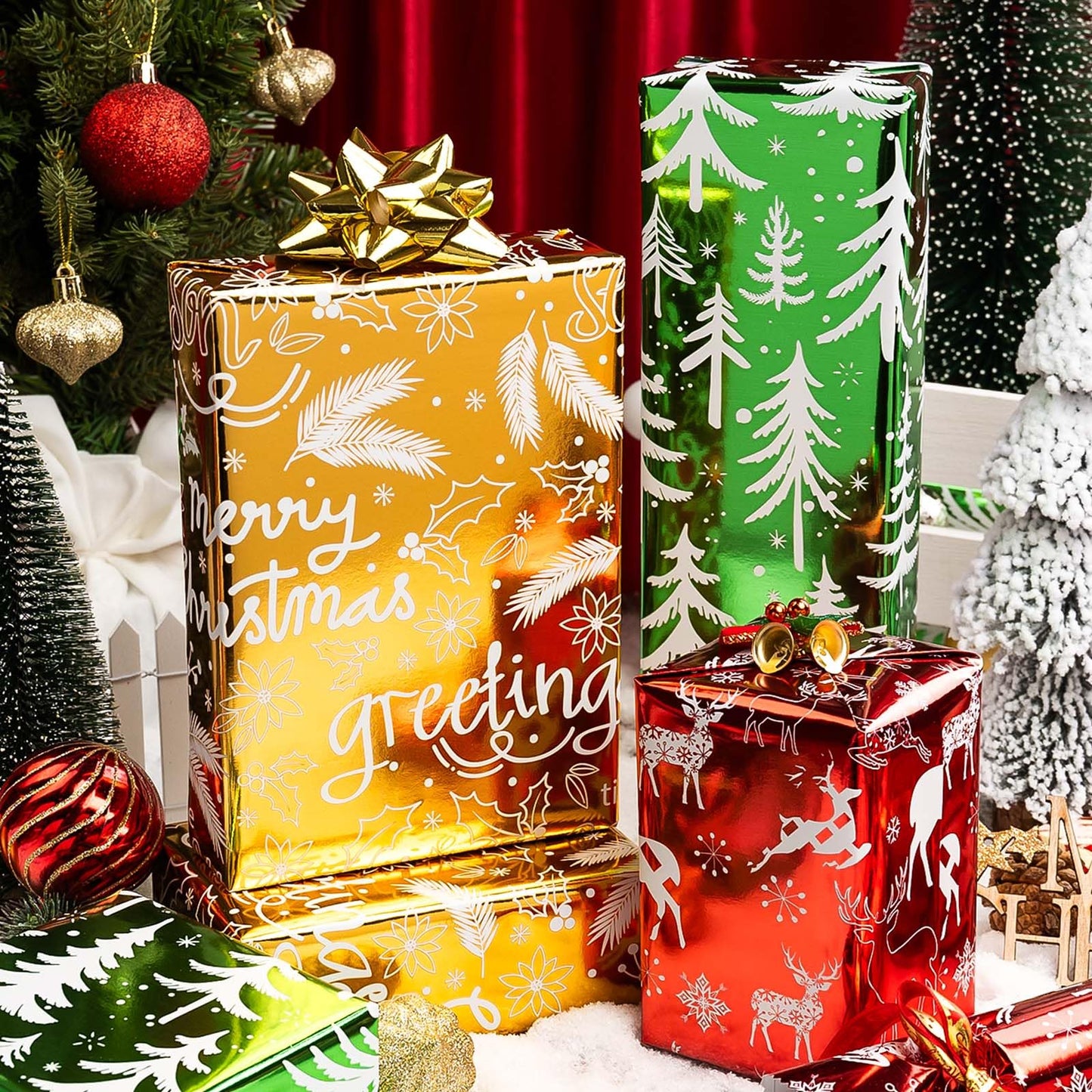 Merture 3 Rolls Christmas Wrapping Paper Set - 17 inch x 120 inch per Roll - Red, Green, Gold Metallic Gift Wrap With Reindeer, Christmas Tree, Snowflake, Dahlia Design