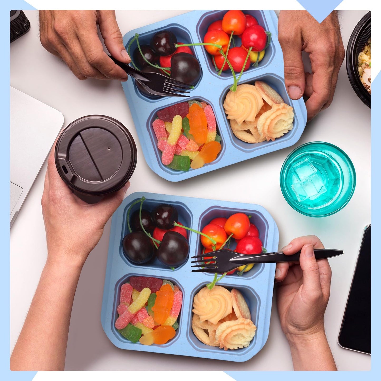 Ziliny 12 Pcs 4 Divided Compartments Snack Containers Bento Wheat Straw Snack Box with Lid Reusable Meal Prep Lunch Box Food Storage Containers for Adults Christmas Travel Work Gifts(Blue)