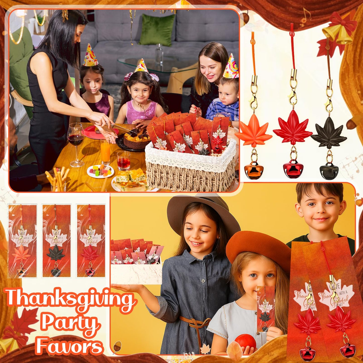 Huquary 24 Set Thanksgiving Bulk Gifts Jingle Bell Maple Keychains with Fall Bookmarks Fall Purse Jingle Bell Charms Leaf Charms Friendsgiving Party Favor Customer for Coworker Church Book Club