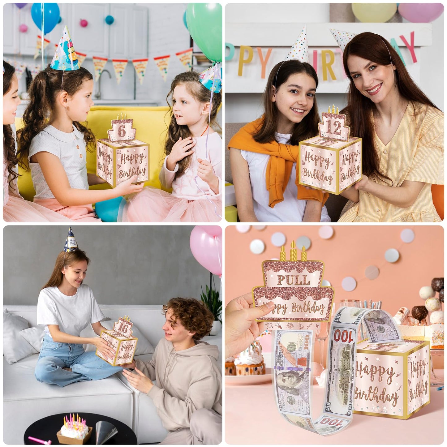 Turypaty Happy Birthday Money Gift Box with DIY Stickers for Any Age - Pink Rose Gold Surprise Birthday Party Cash Gift Box with Pull Out Card for Women Girls - A Fun Way to Present Cash as Gifts
