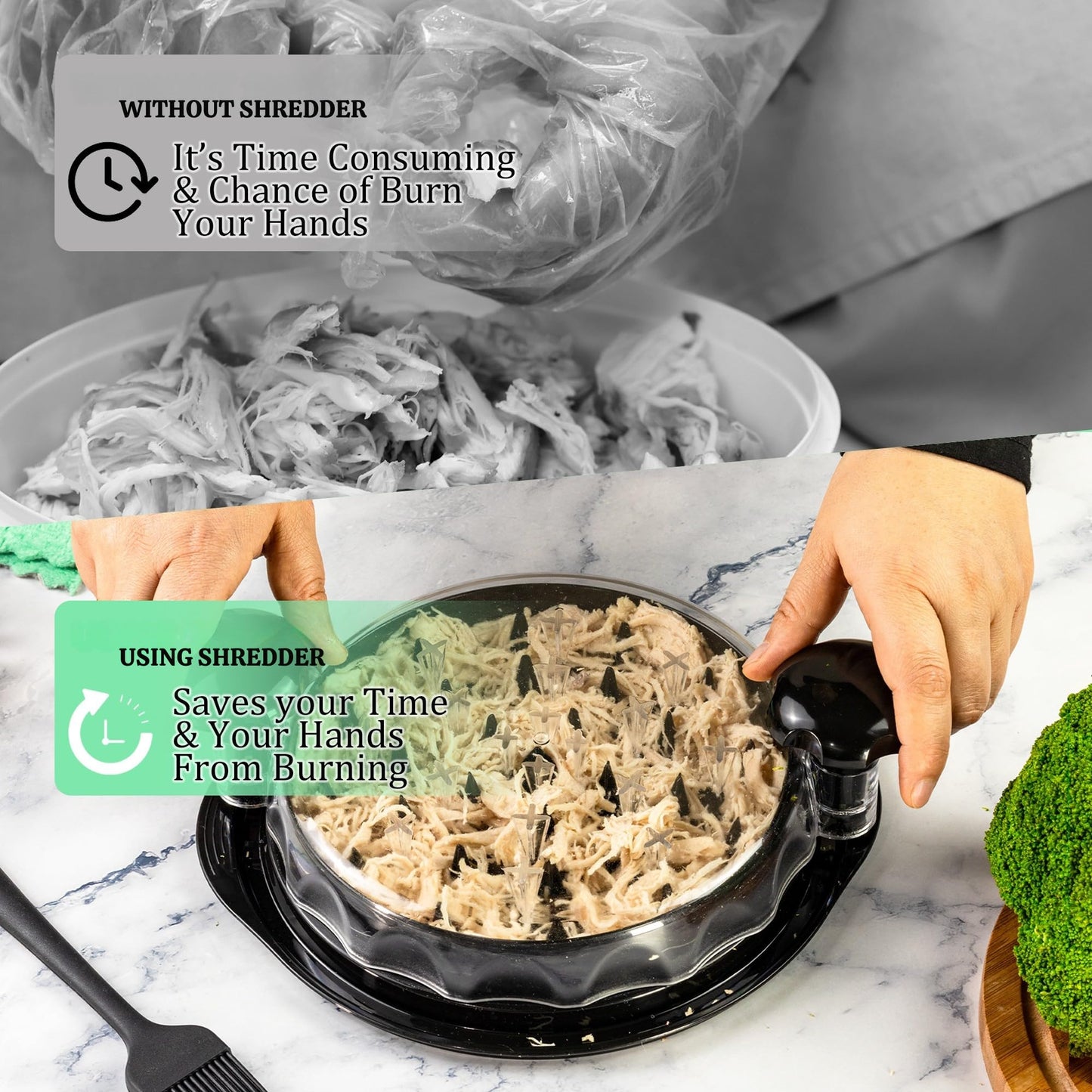 Chicken Shredder Tool Twist Large - 5Pcs Set, 10'' Chicken Meat Breast Shredder with Transparent Lid, BPA Free, Heat Resistant, Anti-Slip Strip, Tongs, Cleaning Brush, Oil Brush, Coral Fleece Cloth