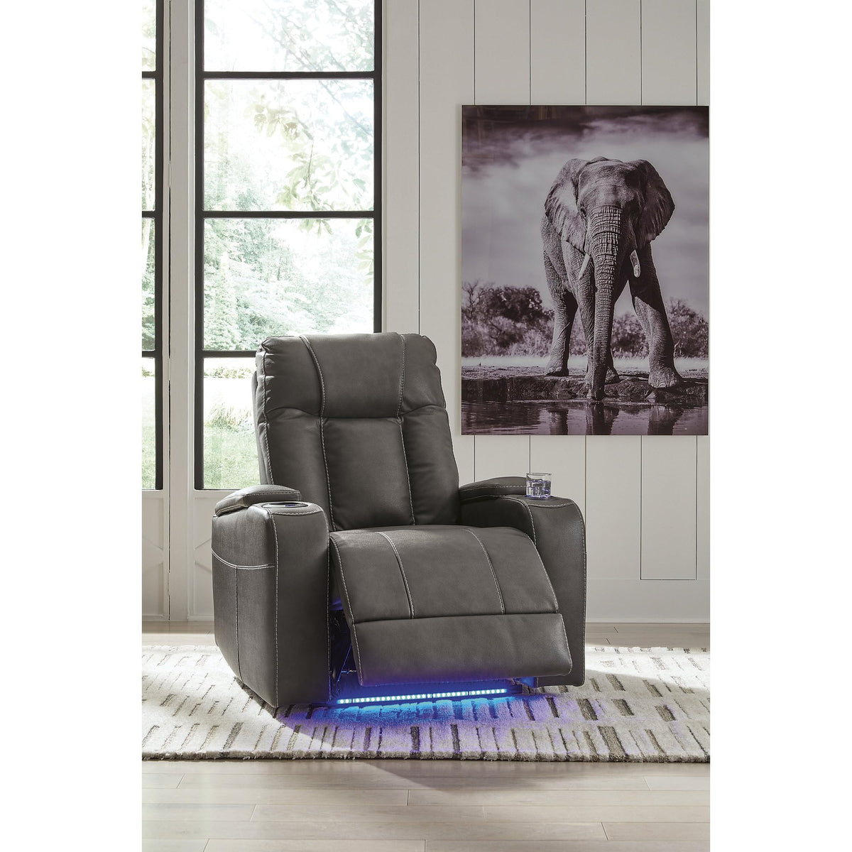 Signature Design by Ashley Feazada Recliner, Power Reclining with Adjustable Headrest, LED Cup Holders, Flip‑Top Storage Armrests and Faux Leather Upholstery for Home Theater Comfort