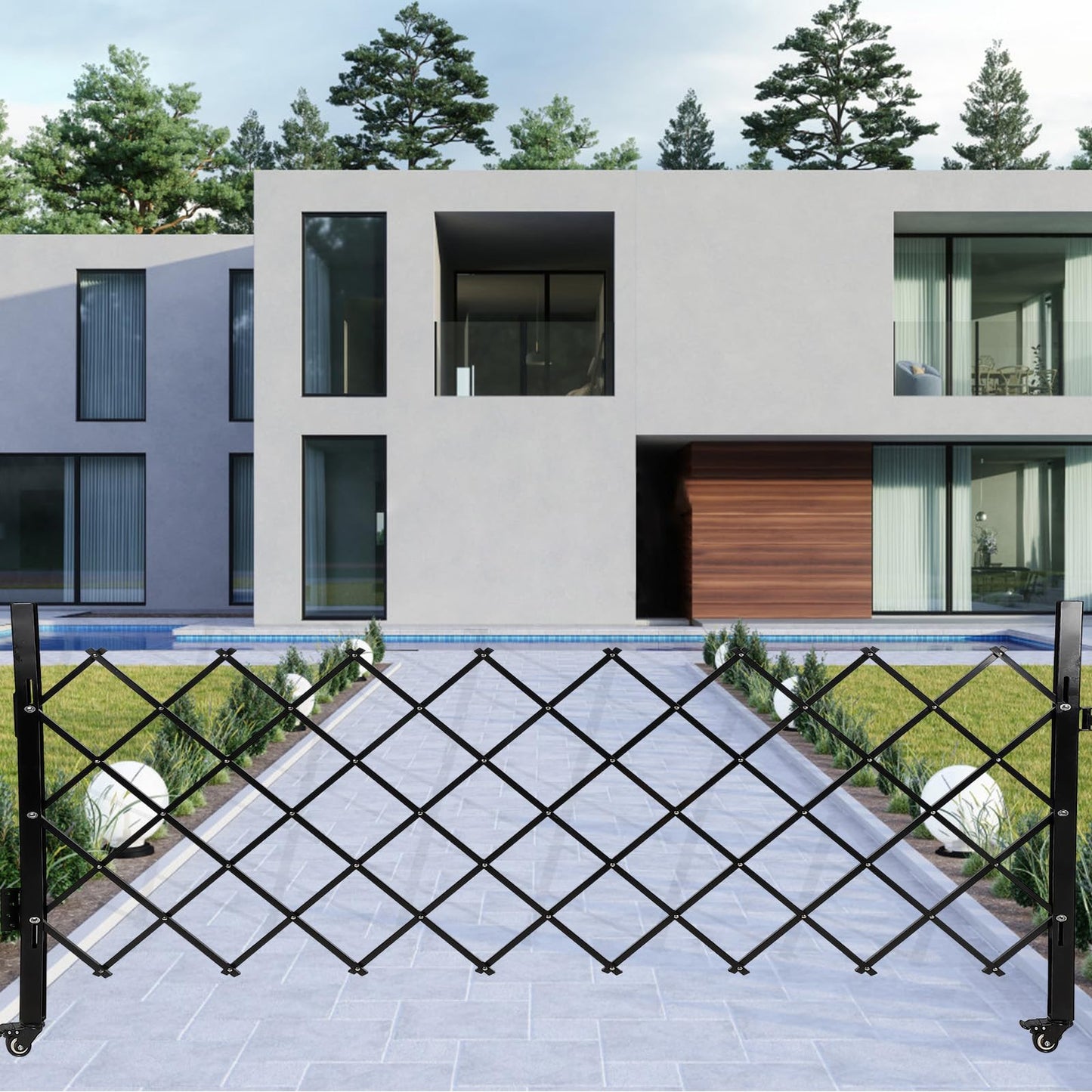 MERXENG Single Folding Security Gate 67" h x 71" w, Steel Expandable Fence with 360° Rolling Wheels for Courtyard, Garage, and Garden Access Control