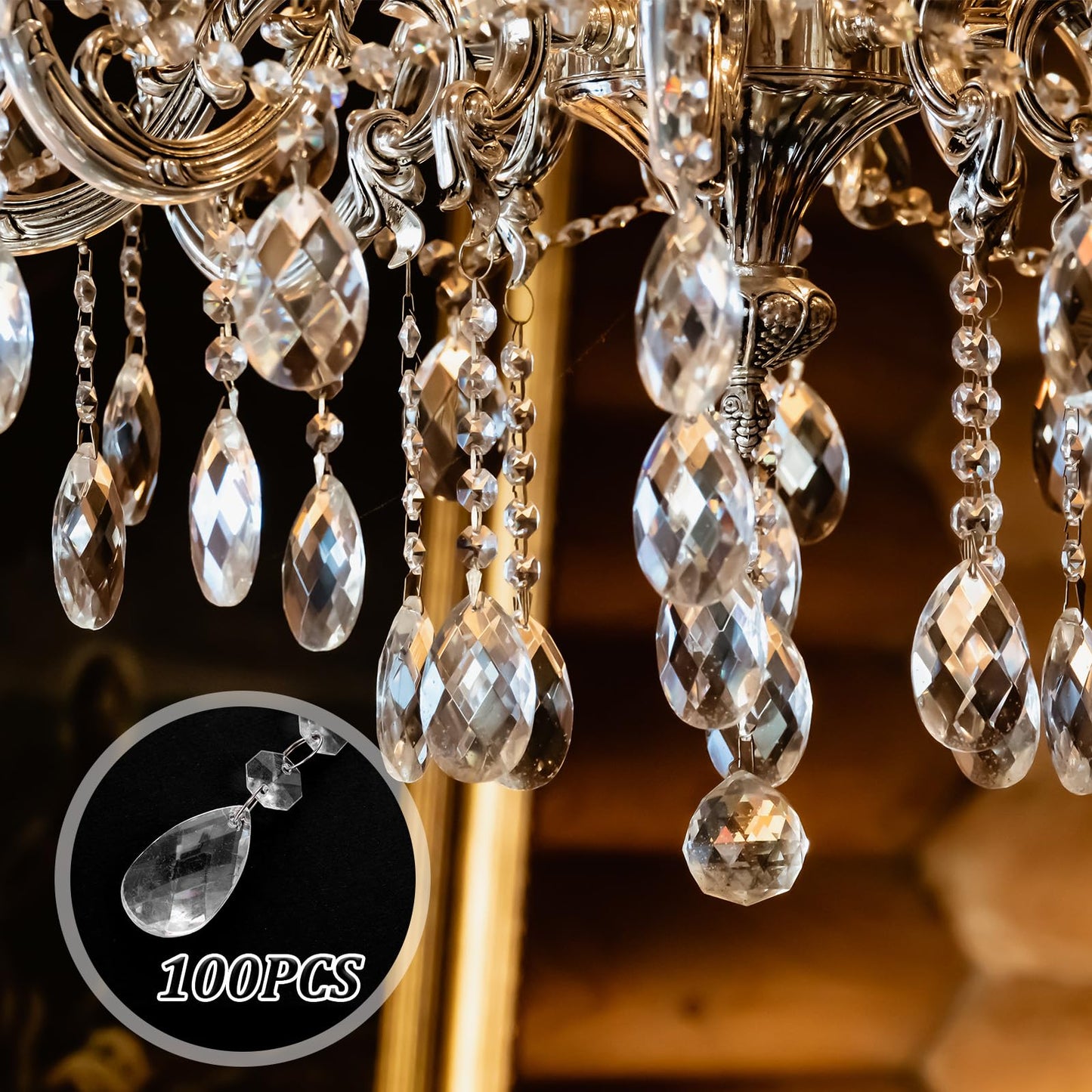 100 Pcs Chandelier Crystals Replacement Clear Acrylic Hanging Teardrop Ornaments Christmas Tree Ornaments Hanging Crystals for Centerpieces Chandelier Lamp Suncatcher Window Home Decoration(Classic)