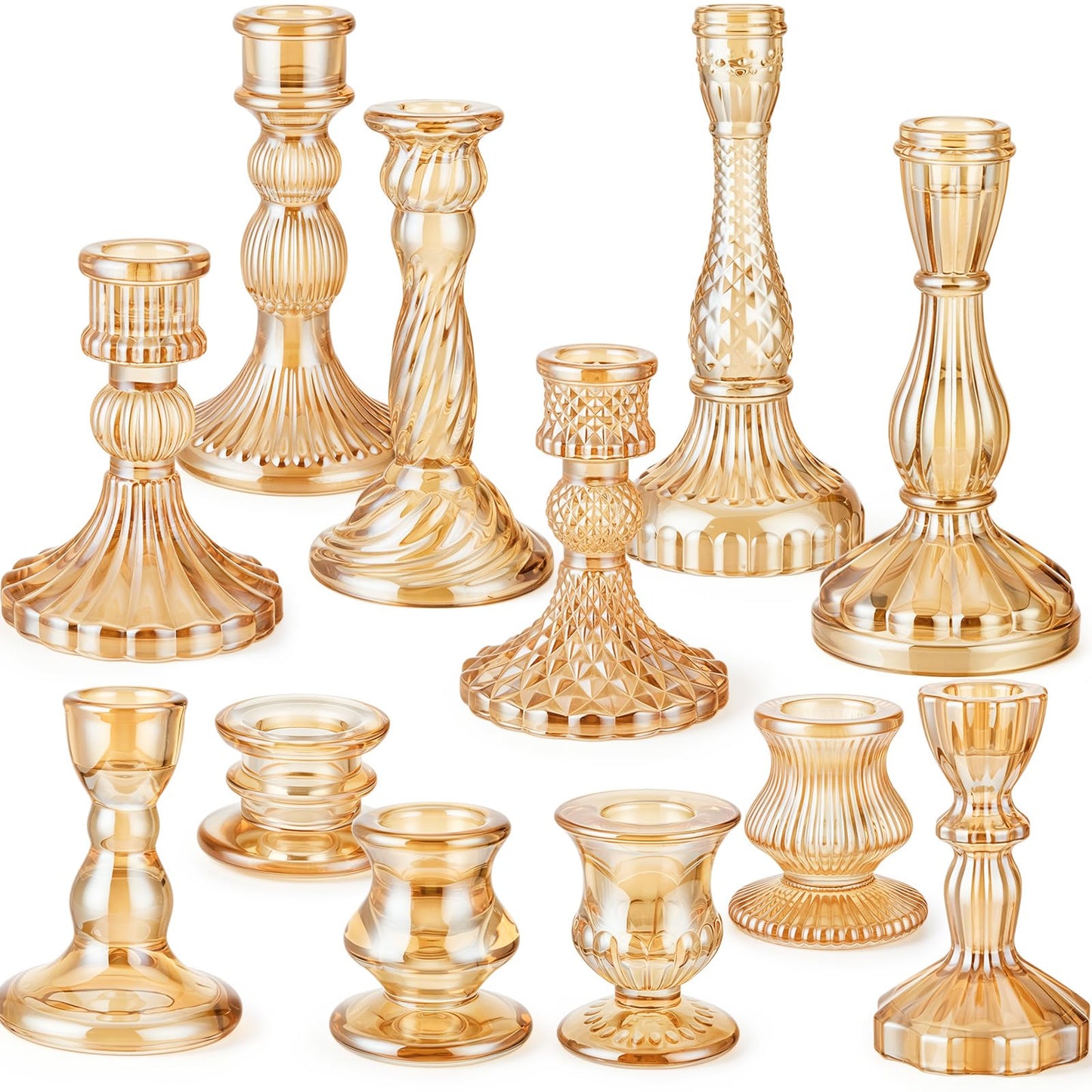 Mumufy 12 Pcs Glass Crystal Taper Candle Holders Gold Glass Candlestick Holder Fit 0.8 Inch Gold Ribbed Taper Candlestick Holders Centerpiece Table Wedding Party