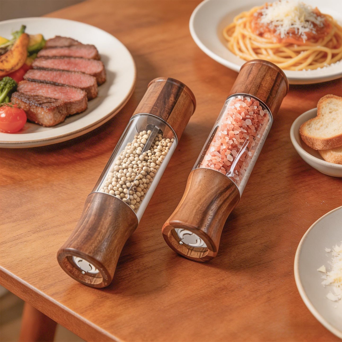 MZROO Wooden Salt and Pepper Grinder Set with Base, 8.5” Manual Pepper Mill and Acacia Wood Salt Shaker with Adjustable Ceramic Core, Refillable Wood Pepper Grinder 2-Pack for Kitchen Dining Gift