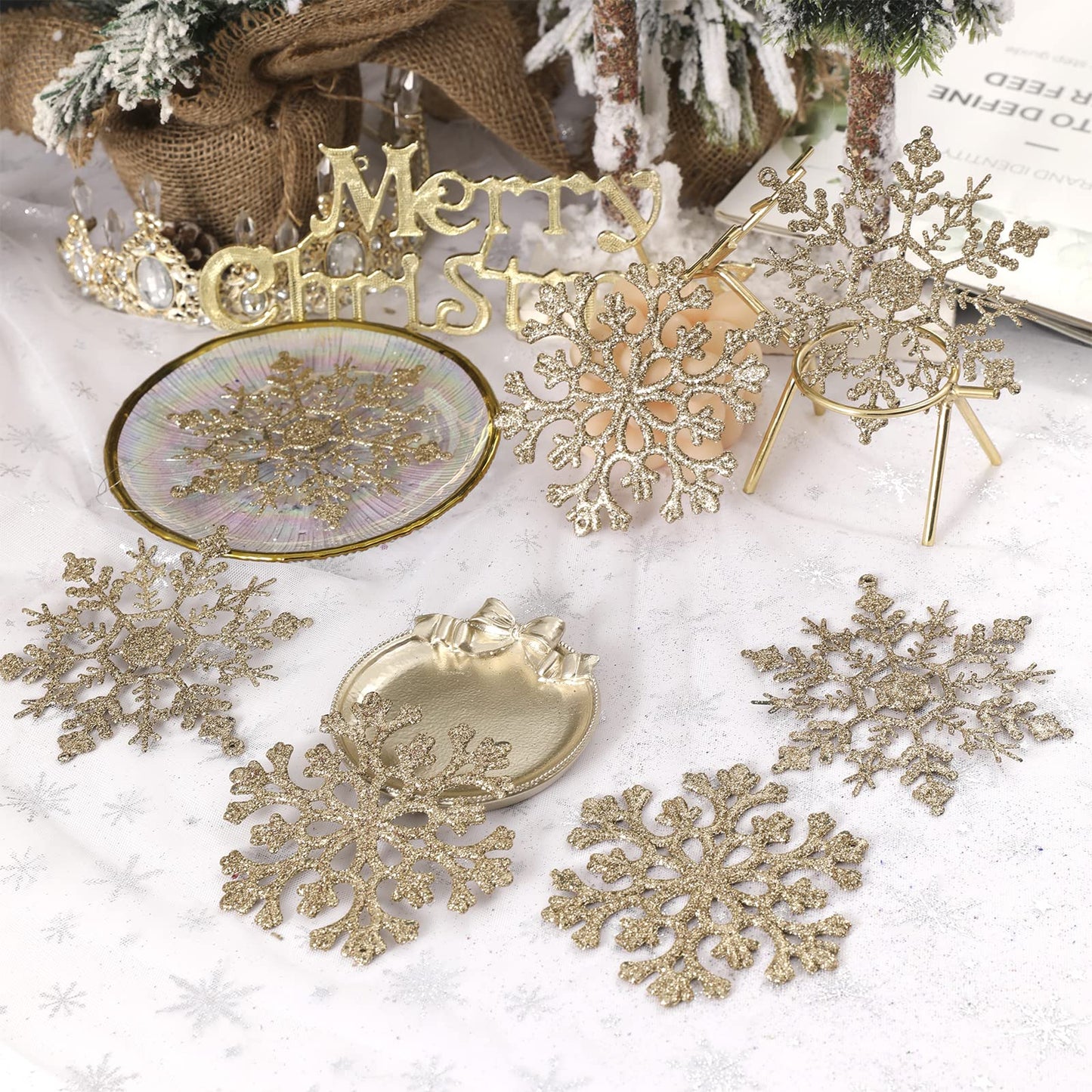 30PCS Christmas Glitter Snowflake Ornaments Plastic Snowflakes Ornaments-Xmas Tree Decorations,4.7-inch (Champagne Gold)