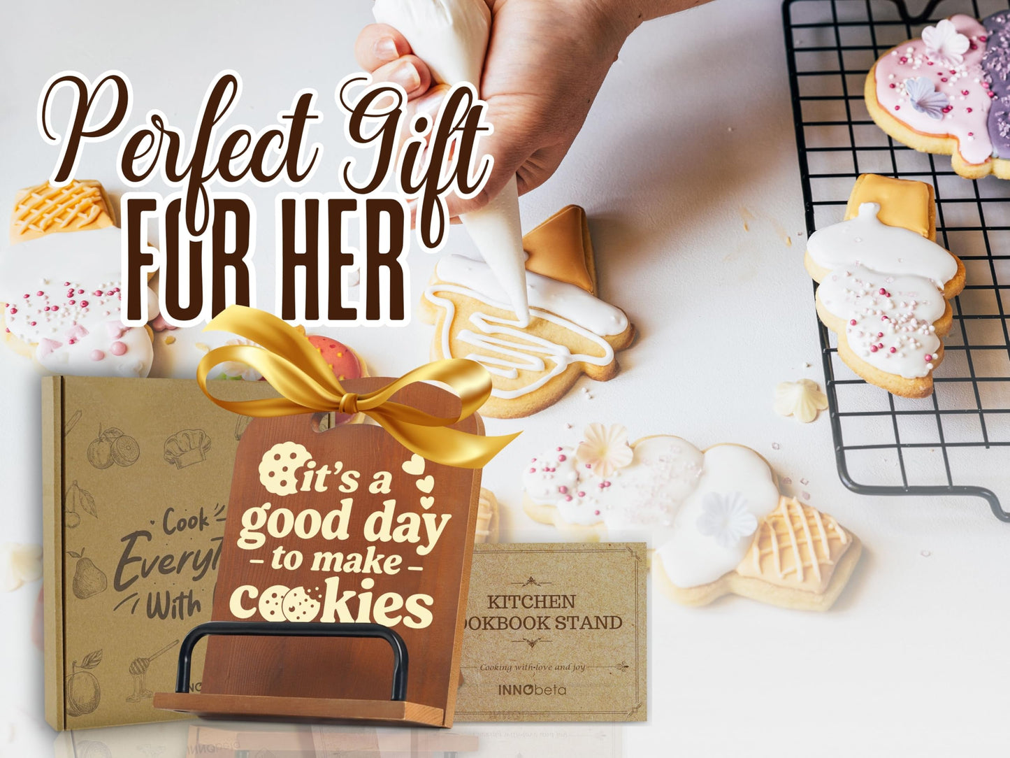 InnoBeta Cookie Gifts for Bakers, Cookbook Stand for Kitchen Counter, Perfect Gifts for Cookie Lovers on Birthday, Adjustable Tablet Recipe Book Holder, Unique Baking & Home Decor