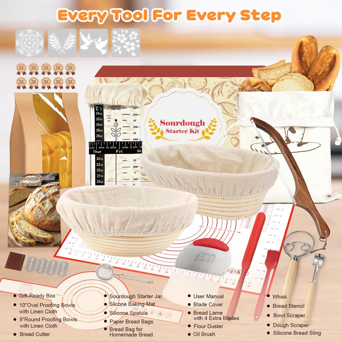 Sourdough Starter Kit, 9" Round & 10" Oval Banneton Bread Proofing Basket, Sourdough Bread Baking Supplies with Sourdough Starter Jar & Bread Slicer, Sour Dough Kit Gifts for People Who Love Baking