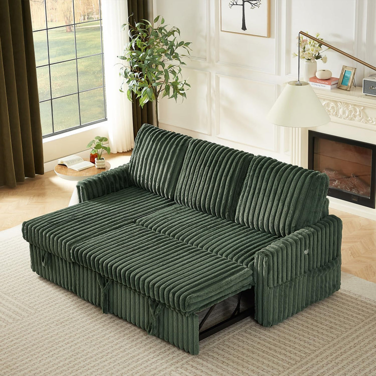 KCGKCG Sleeper Sofa Bed, 81” Pull Out Couch Bed with Reversible Storage Chaise, 3 in 1 L-Shaped Couch with Charging Station, Cup Holder, Side Pocket, Plush Corduroy Couches for Living Room(Green)