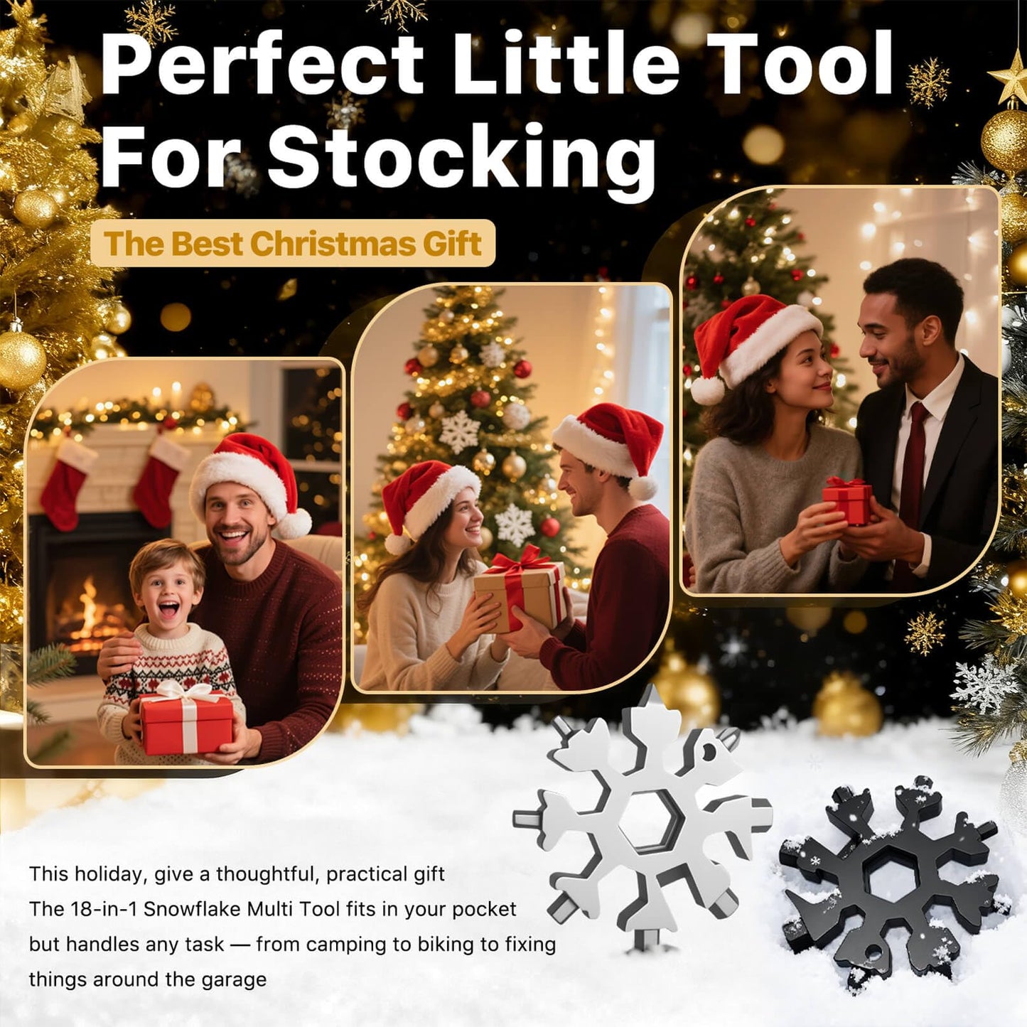 Stocking Stuffers for Men 2025 - Snowflake Multi Tool 2 Pack, Christmas Gifts for Him - Stainless Steel Multitool with Carabiner & Wrench,White Elephant Gifts for Coworkers, Adults (Silver+Black)
