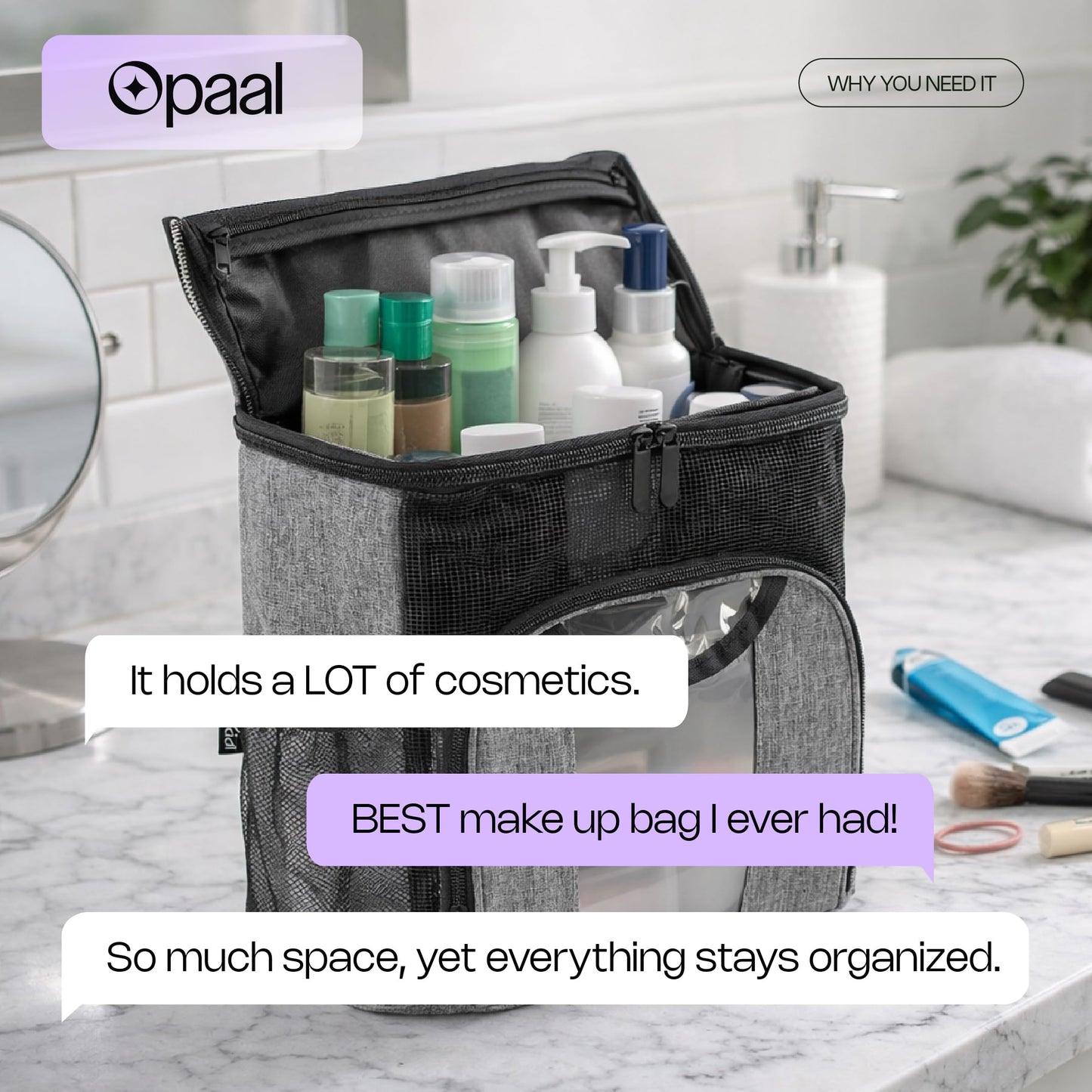 Opaal 11” Tall Vertical Makeup Organizer Bag – Professional Hairstylist Travel Bag for Hair Tools & Hairspray – Large Standing Waterproof Cosmetology Case for Full-Size Toiletries & Bottles