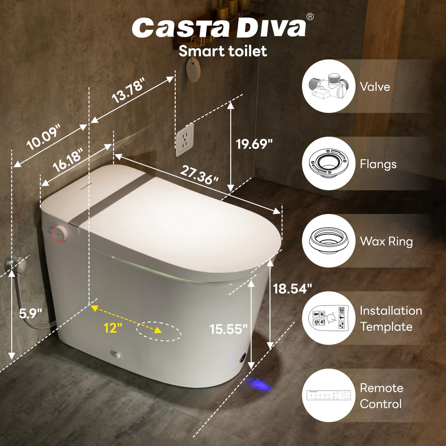 Casta Diva Smart Toilet with Bidet Built in, ADA Comfort Bidet Toilet, Foot Sensor & Auto Open/Close, 1000g MaP Auto Flush, Heated Seat & Foam Dispenser, Built in Tank, Blackout Flush(K050Pro)