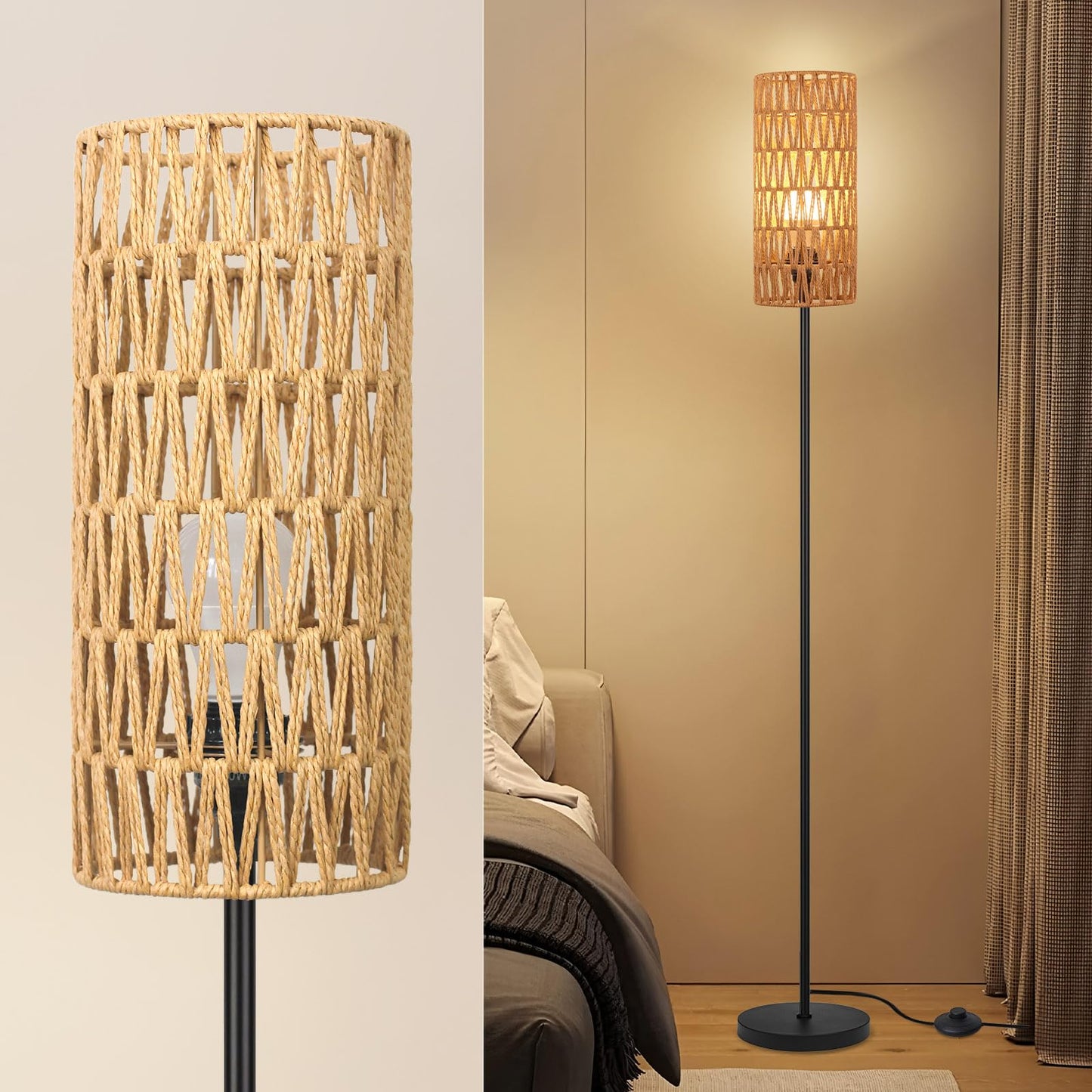 Ruiever Floor Lamp for Living Room,Farmhouse Rattan Floor lamp,Modern Standing lamp with Hand-Worked Rattan Shade,Black Tall Lamp with Foot Switch for Bedroom,Kids Room,Office,LED Bulb is Included.