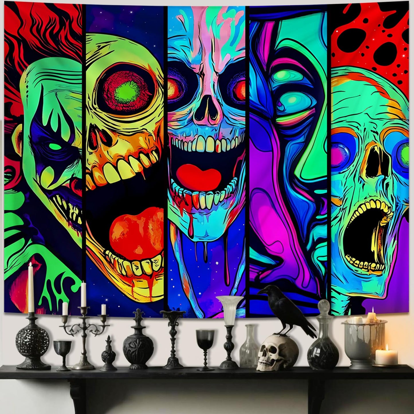 Apdidl Blacklight Halloween Horror Decor Tapestry for Bedroom, Black Light Posters Skull Face Scary Skeleton Funny Wall Art Tapestries,UV Reactive Glow in The Dark Party Wall Hanging for Living Room 51"X60"