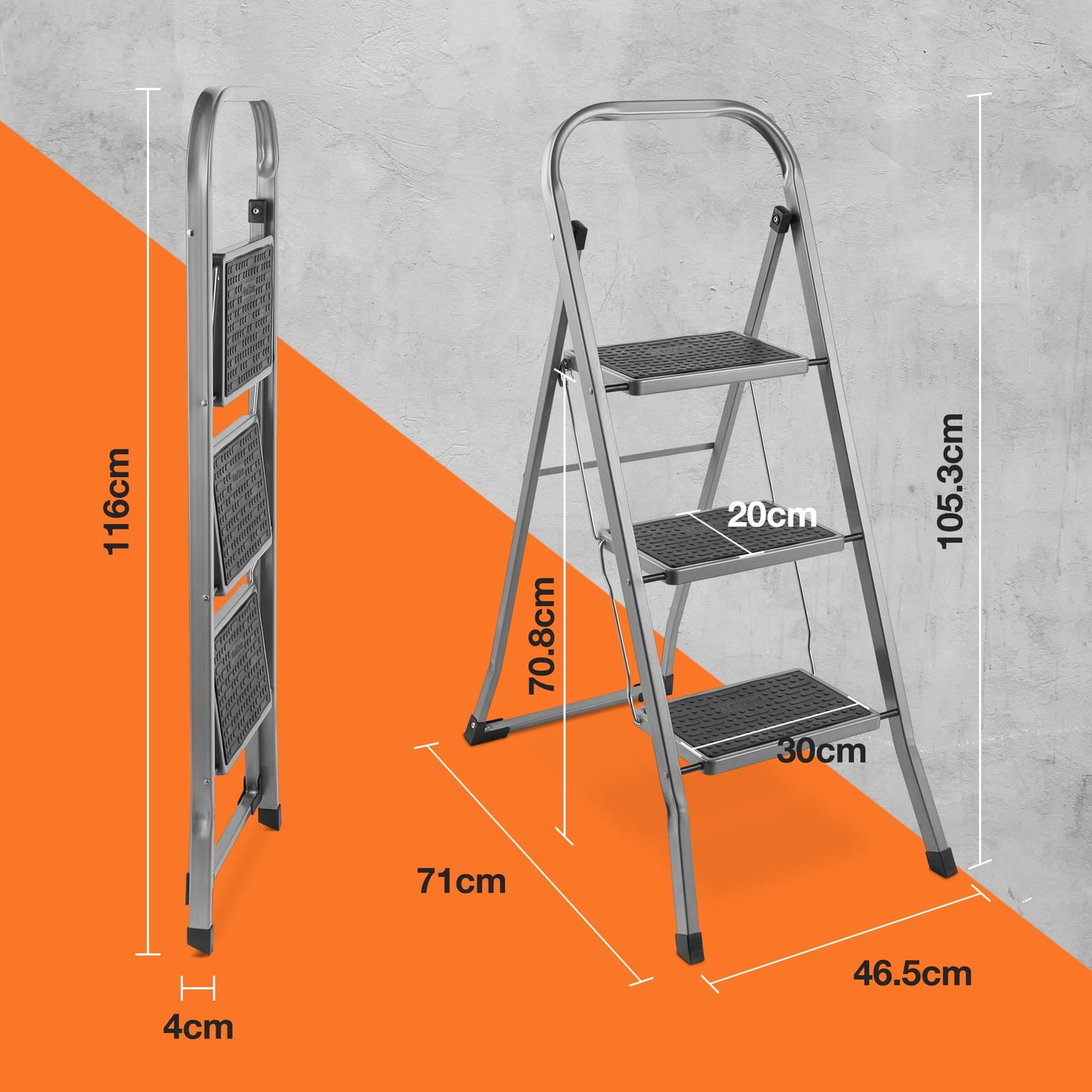 VonHaus 3 Step Ladder – Premium Quality Folding Step Ladder for DIY and Gardening - Anti Slip Feet, Easy to Store Ladder, 150KG Max Capacity - Durable Steel