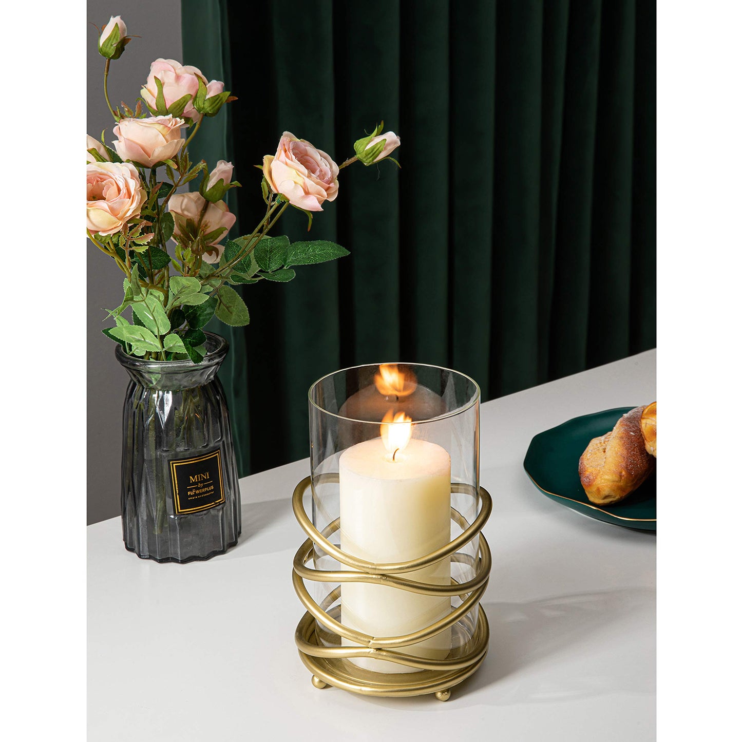 Hurricane Glass Pillar Candle Holder Craftsmanship with Removable Glass for Halloween, Christmas, Thanksgiving, New Year, Wedding Party Anniversary Home Decor (Gold)