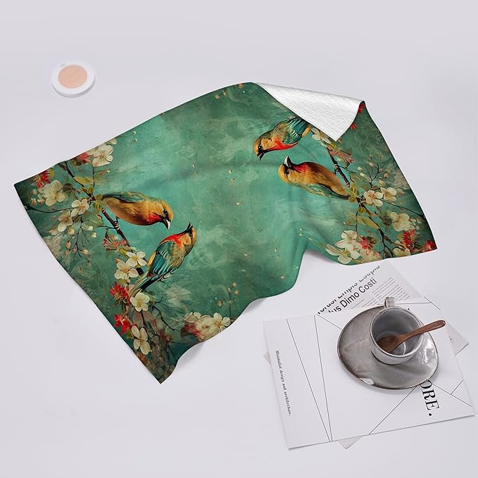 Cute Birds Kitchen Towels Decorative Set of 2, Absorbent Dish Towels Green Tea