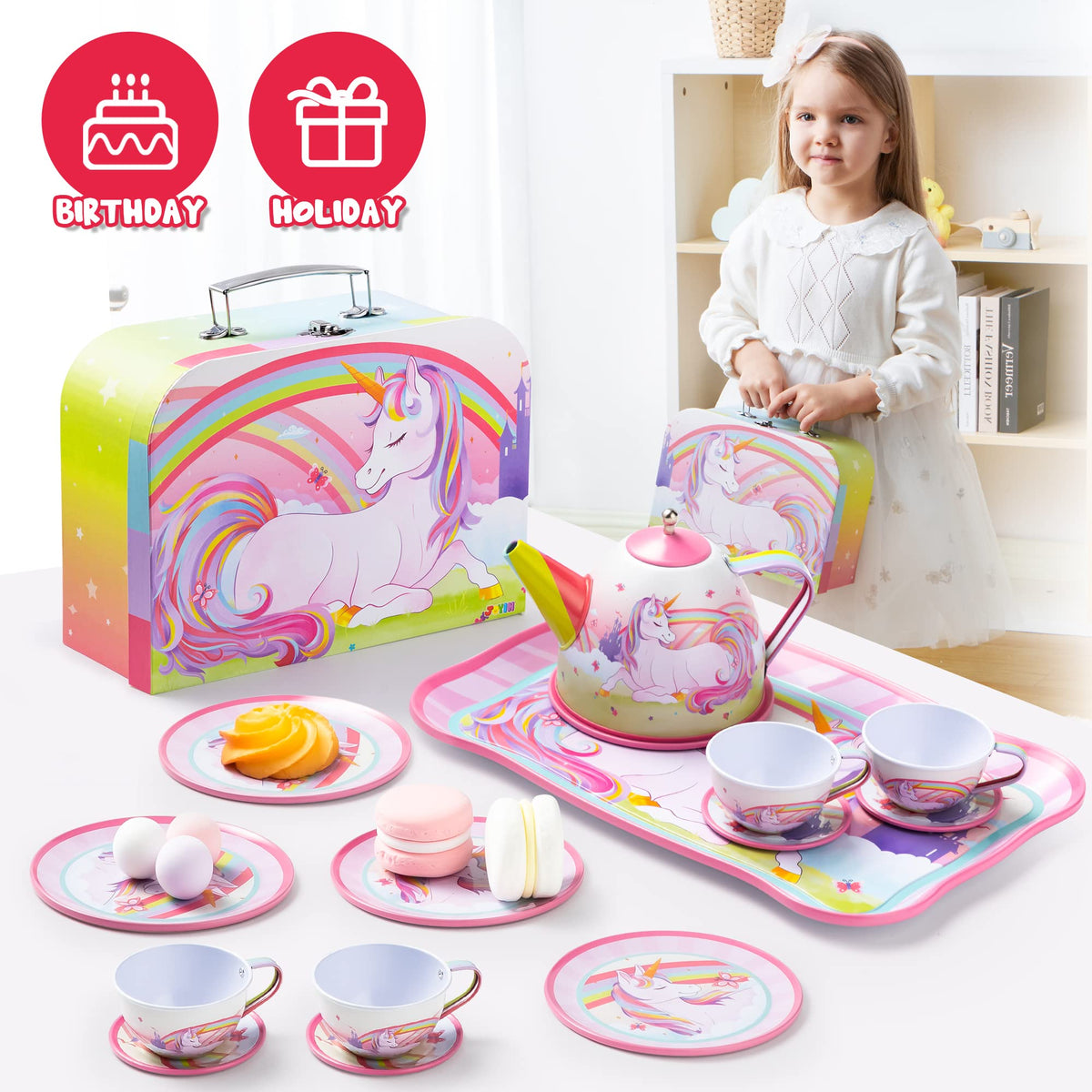 JOYIN Unicorn Tea Party Set for Little Girls, Pretend Pink Tin Teapot Set, Princess Tea Time Play Kitchen Toy with Teapot, Cup, Plate, Carrying Case for Kids Toddlers Age 3 4 5 6, Easter Birthday Gift
