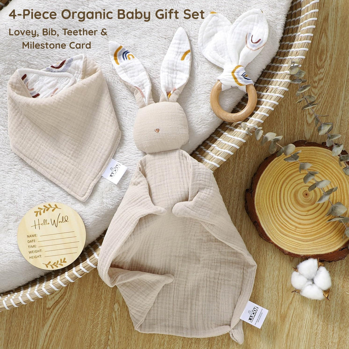 LUCOI Organic Cotton Baby Gift Set – 4 Piece Muslin Bunny Lovey Blanket + Teether Ring + Bandana Bib + Announcement Card | Gender Neutral Newborn Gift Box | Organic Lovey for Babies