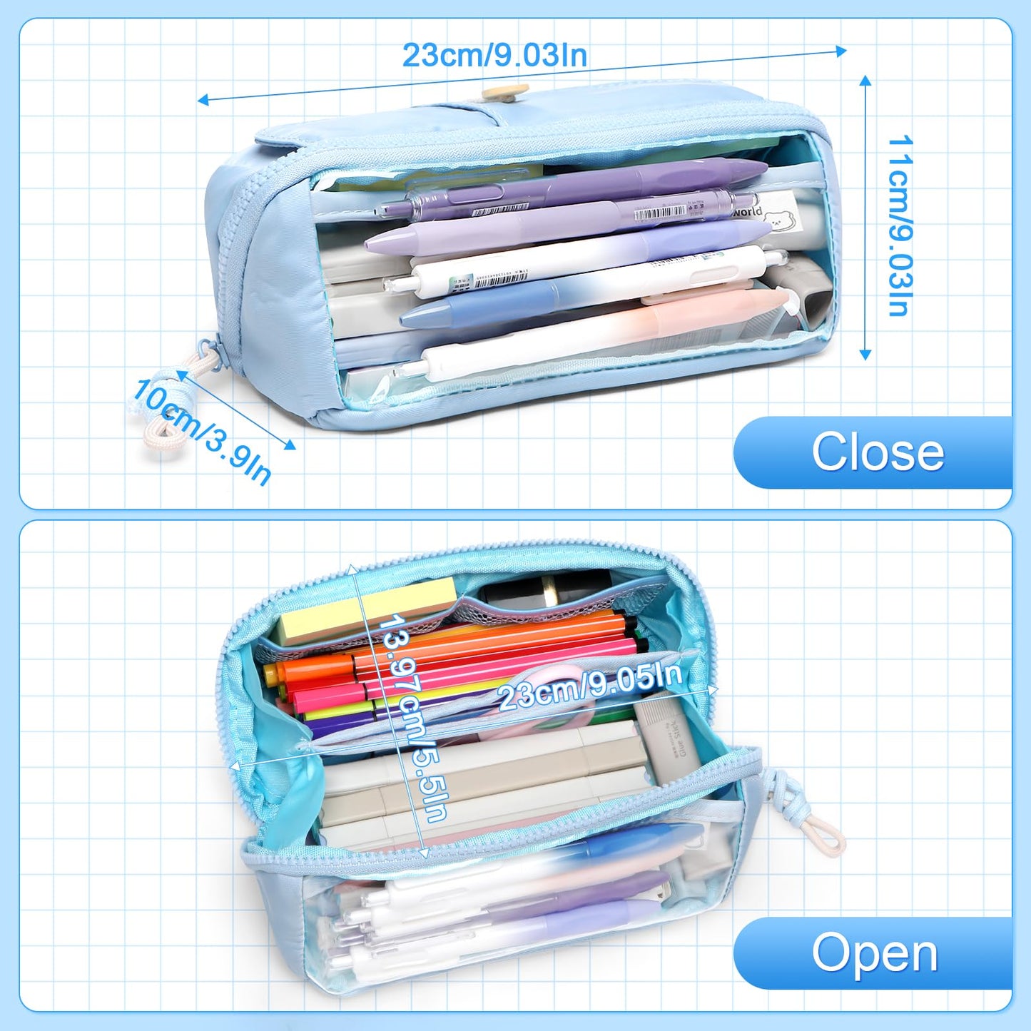 Toplive Large Pencil Case Big Capacity Pencil Pouch Simple Big Pen Stationery Bag Durable Pencil Box Gift Organizer, College Office Travel Storage Bag, Aesthetic Supply for Adult, Blue