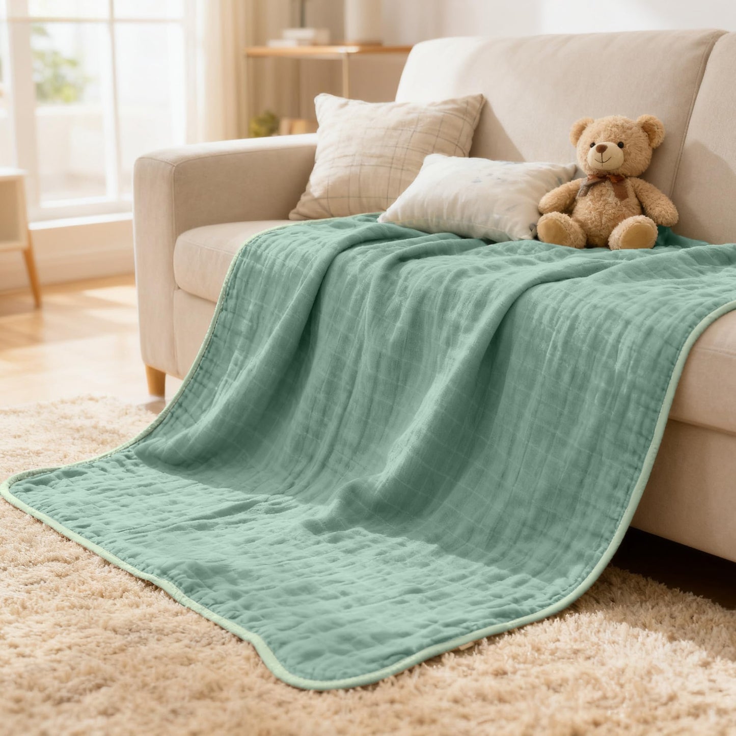 ZPECC Muslin Toddler Blanket Thicker, 47x47 Organic Cotton Kids Quilt Hypoallergenic for Baby Essentials Crib Stroller Daycare Cot, Sage Green