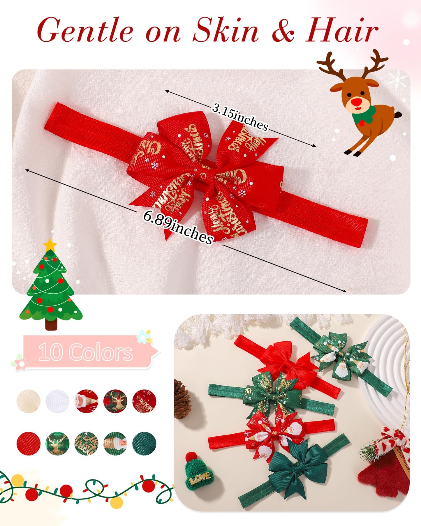 jollybows 10pcs Christmas Baby Bows Headbands Soft Stretchy Grosgrain Ribbon Hairbands with Bows Christmas Headbands Hair Accessories for Newborn Baby Girls Infant Toddlers Kids