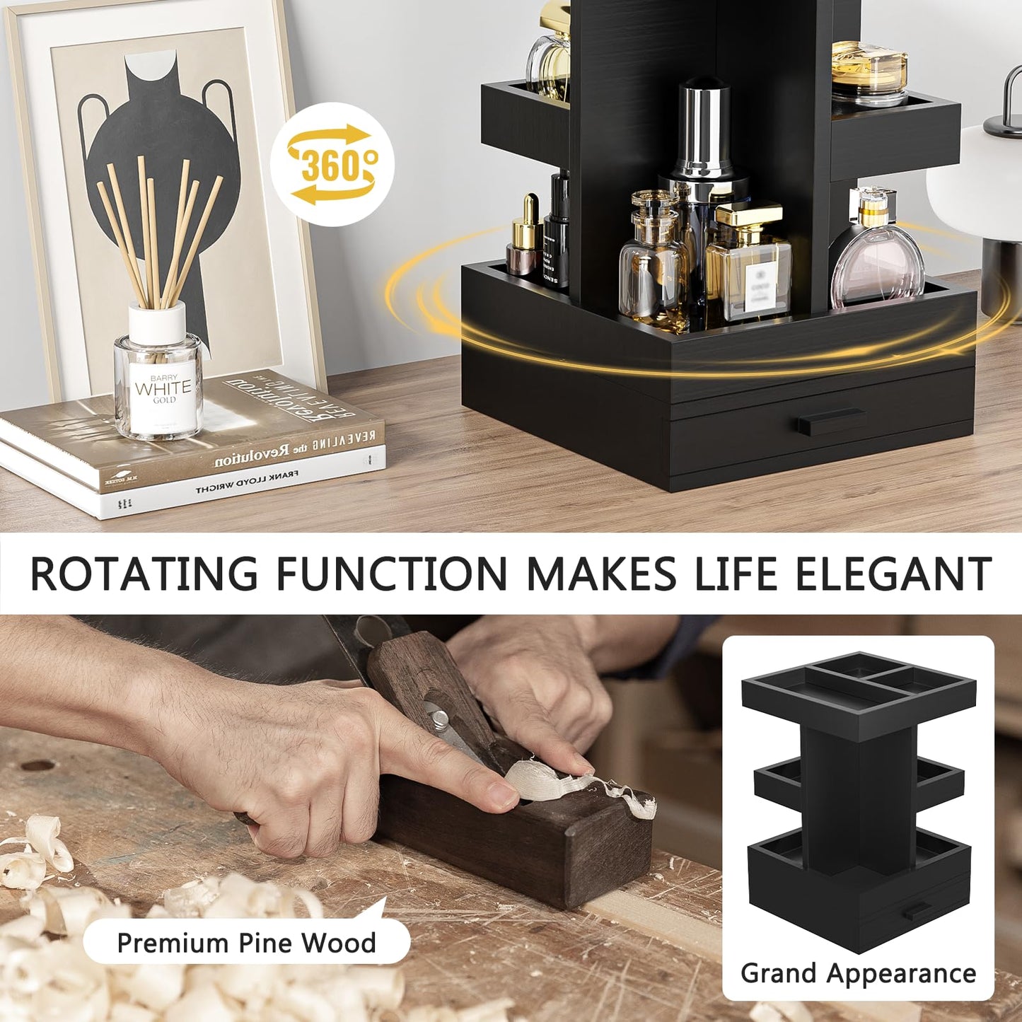 Cologne Organizer for Men, Cologne Stand, 3 Tier Wooden Perfume Organizer, Rotating Mens Cologne Shelf with Drawer, Fragrance Display Holder Desk Organizer, Gift Ideas for Men Him Dad Husband