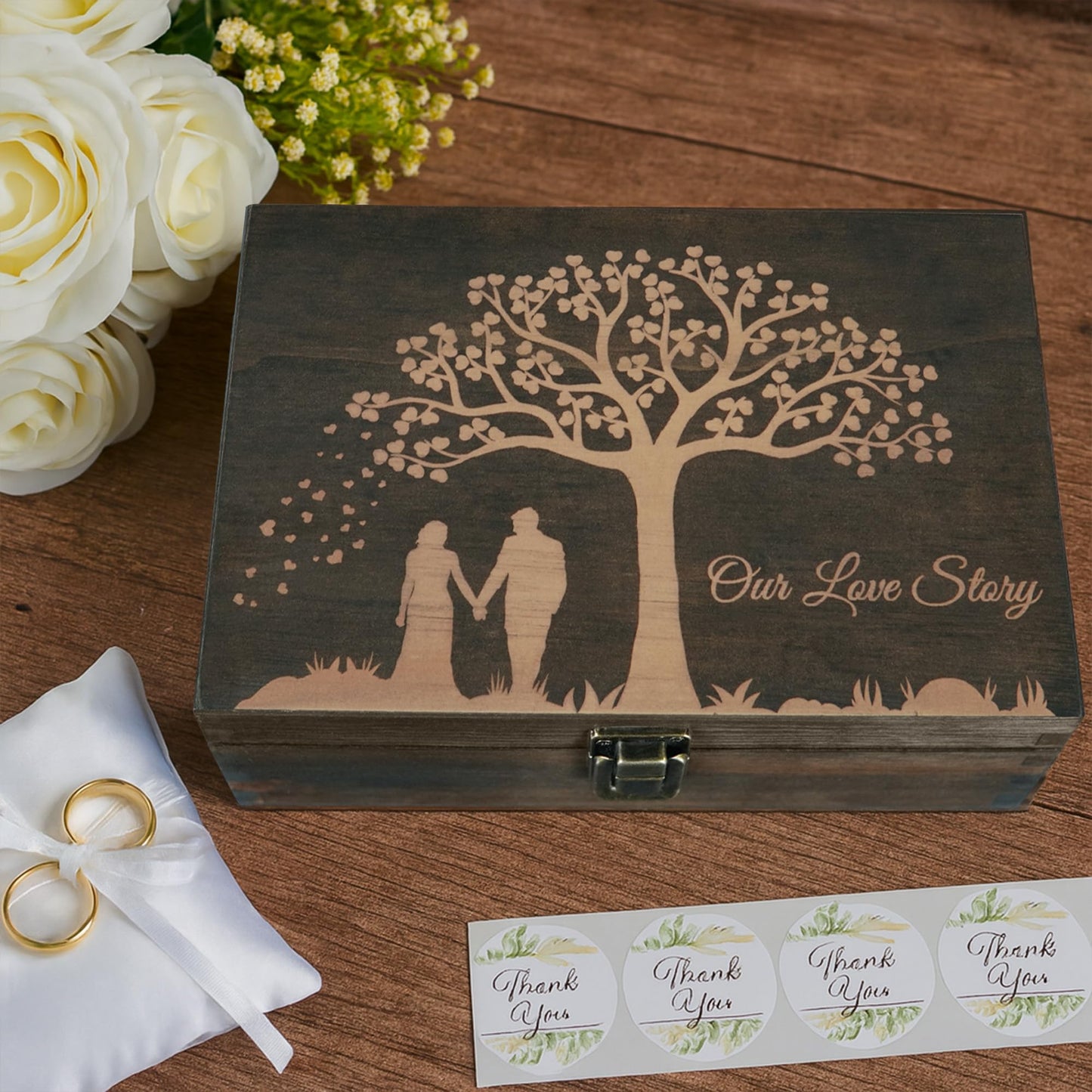 Engraved Wedding Memory Box- Wooden Keepsake Box for Bride & Groom, Letters, Photos, First Anniversary and Valentine’s Day Gift, Personalized Rustic Storage, Medium Size, Dark Walnut - 8.5 x 6 x 3 in